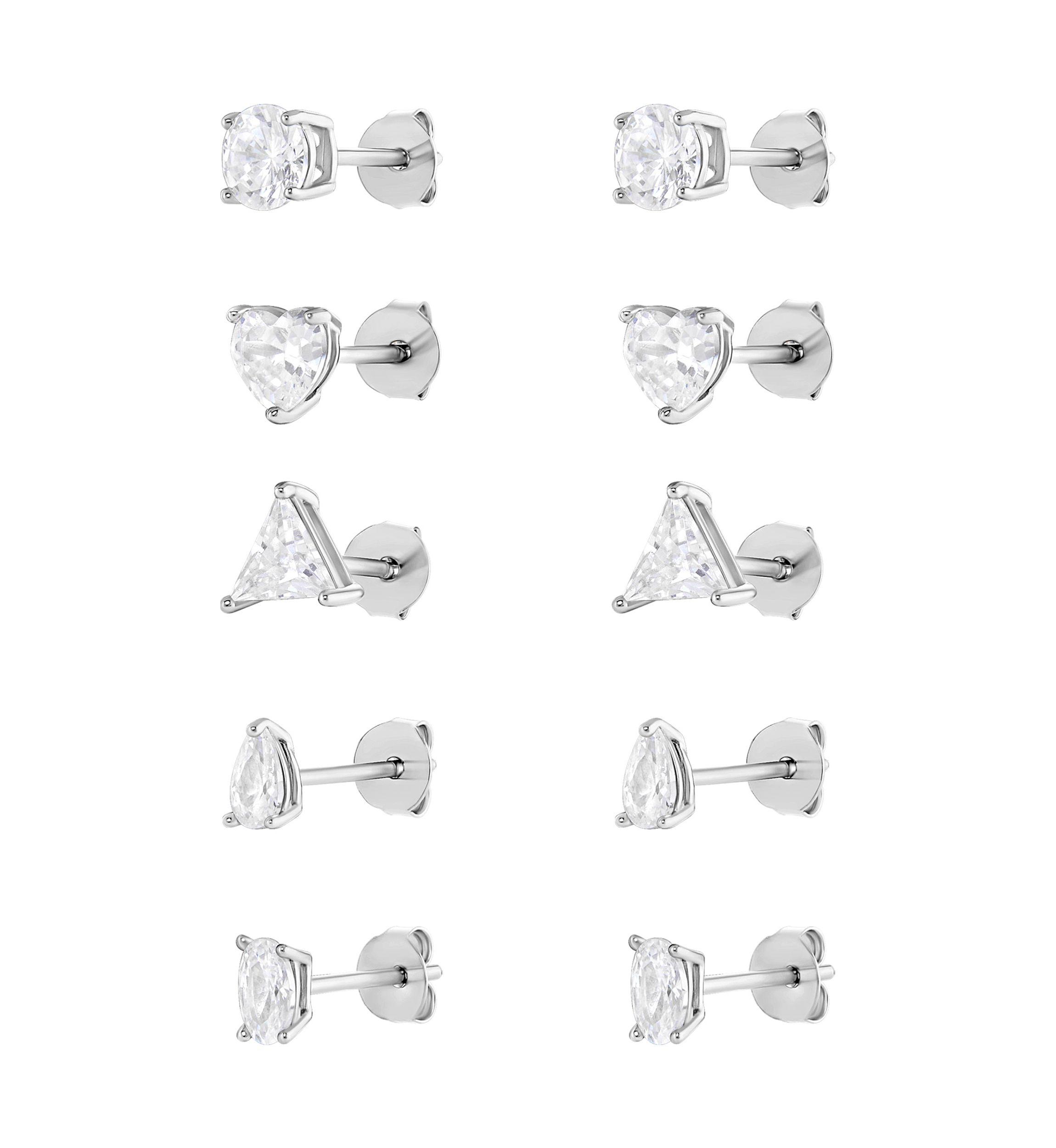 Sterling Silver Cubic Zirconia Multi Shape Stud 5-pair Set