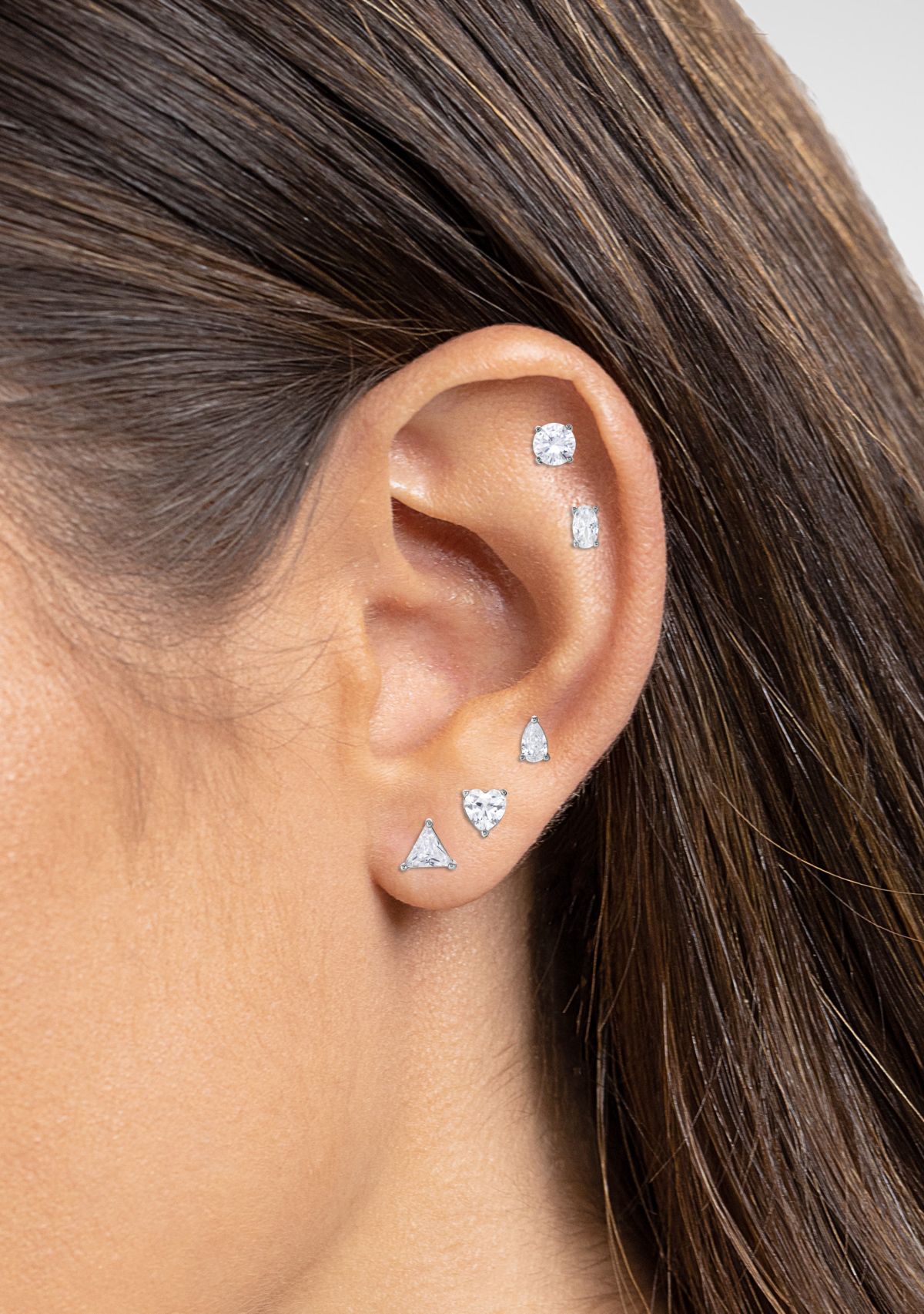 Sterling Silver Cubic Zirconia Multi Shape Stud 5-pair Set