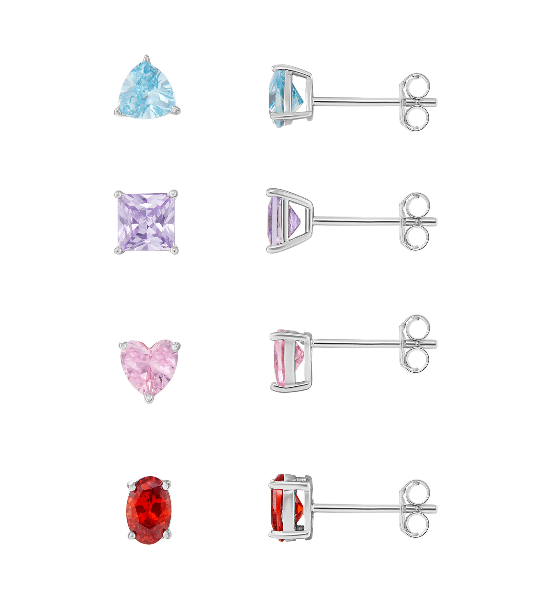 Sterling Silver Cubic Zirconia Multi Shaped Multi Color 4-Pair Studs Set