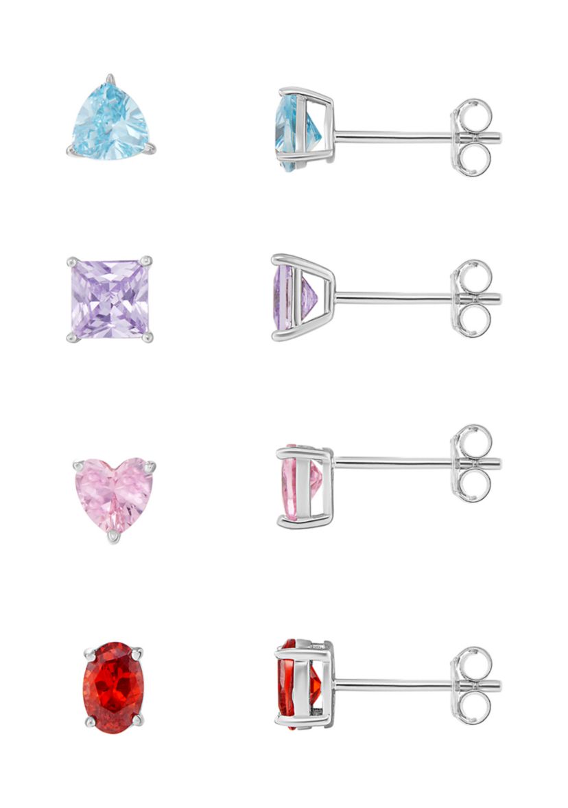 Sterling Silver Cubic Zirconia Multi Shaped Multi Color 4-Pair Studs Set