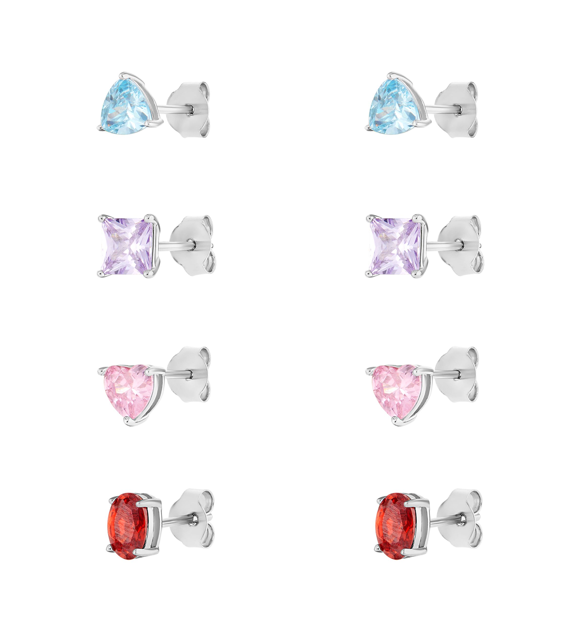 Sterling Silver Cubic Zirconia Multi Shaped Multi Color 4-Pair Studs Set