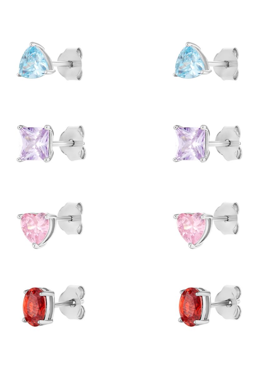 Sterling Silver Cubic Zirconia Multi Shaped Multi Color 4-Pair Studs Set