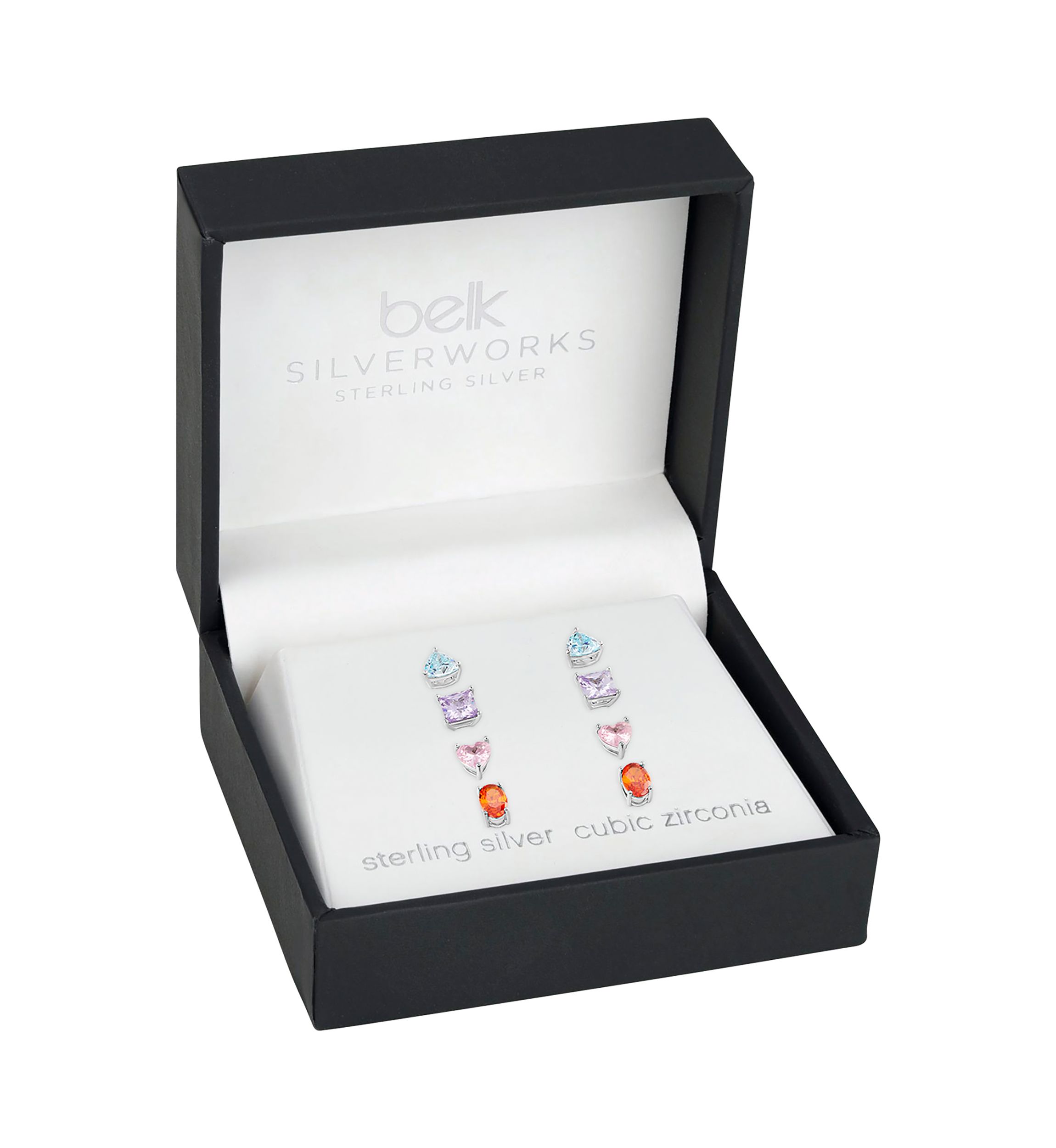 Sterling Silver Cubic Zirconia Multi Shaped Multi Color 4-Pair Studs Set