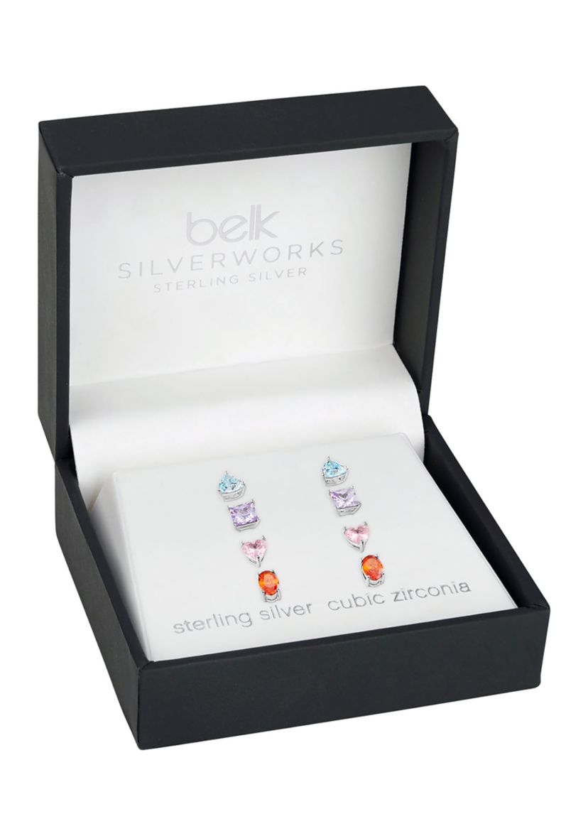 Sterling Silver Cubic Zirconia Multi Shaped Multi Color 4-Pair Studs Set
