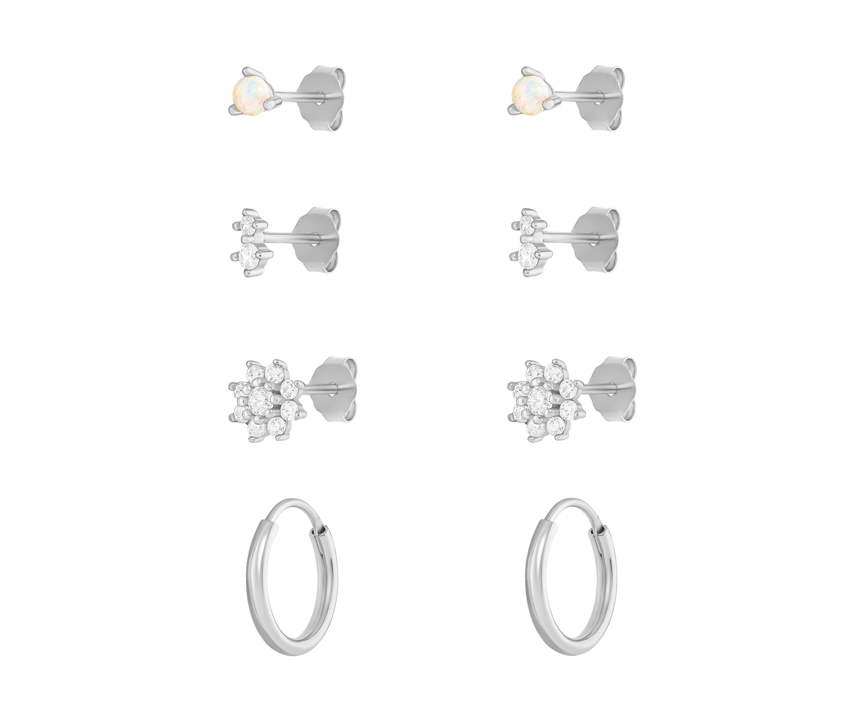 Sterling Silver Cubic Zirconia Opal Double Flower Hoop 4-Pair Earrings Set