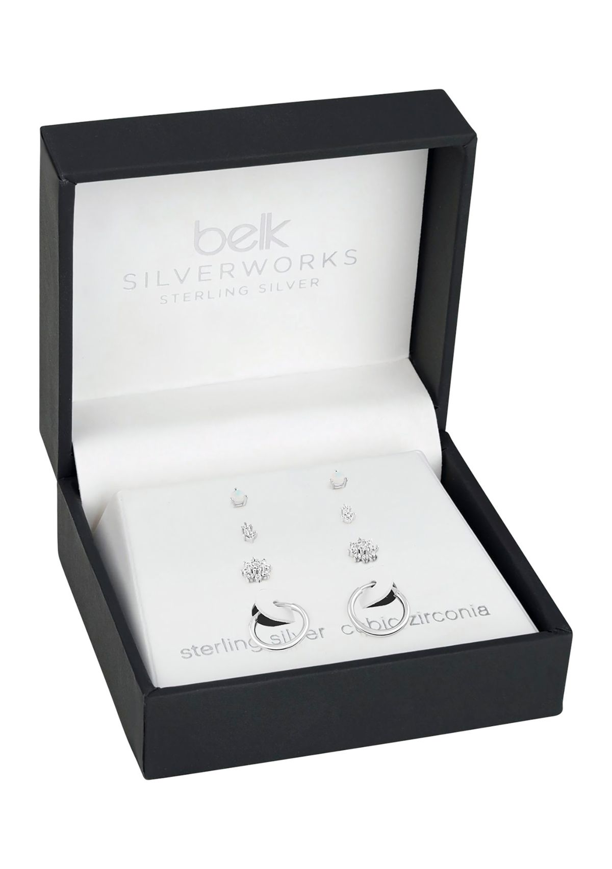 Sterling Silver Cubic Zirconia Opal Double Flower Hoop 4-Pair Earrings Set