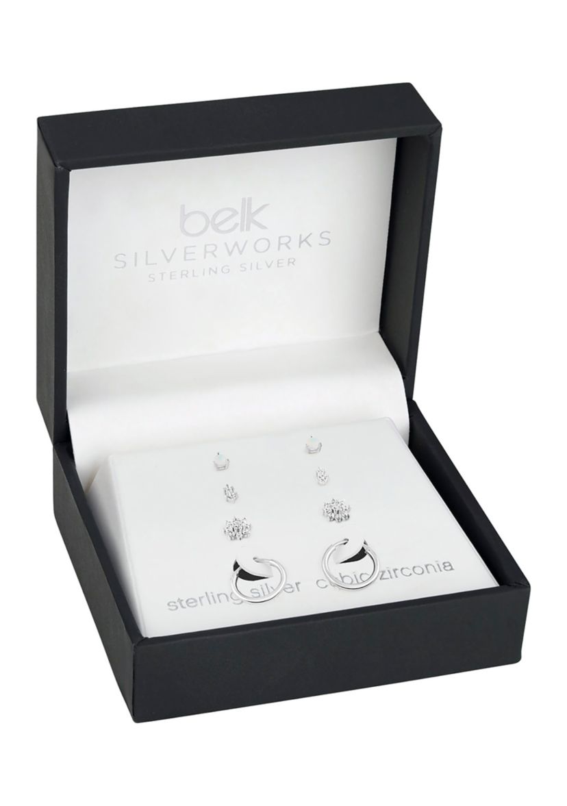 Sterling Silver Cubic Zirconia Opal Double Flower Hoop 4-Pair Earrings Set