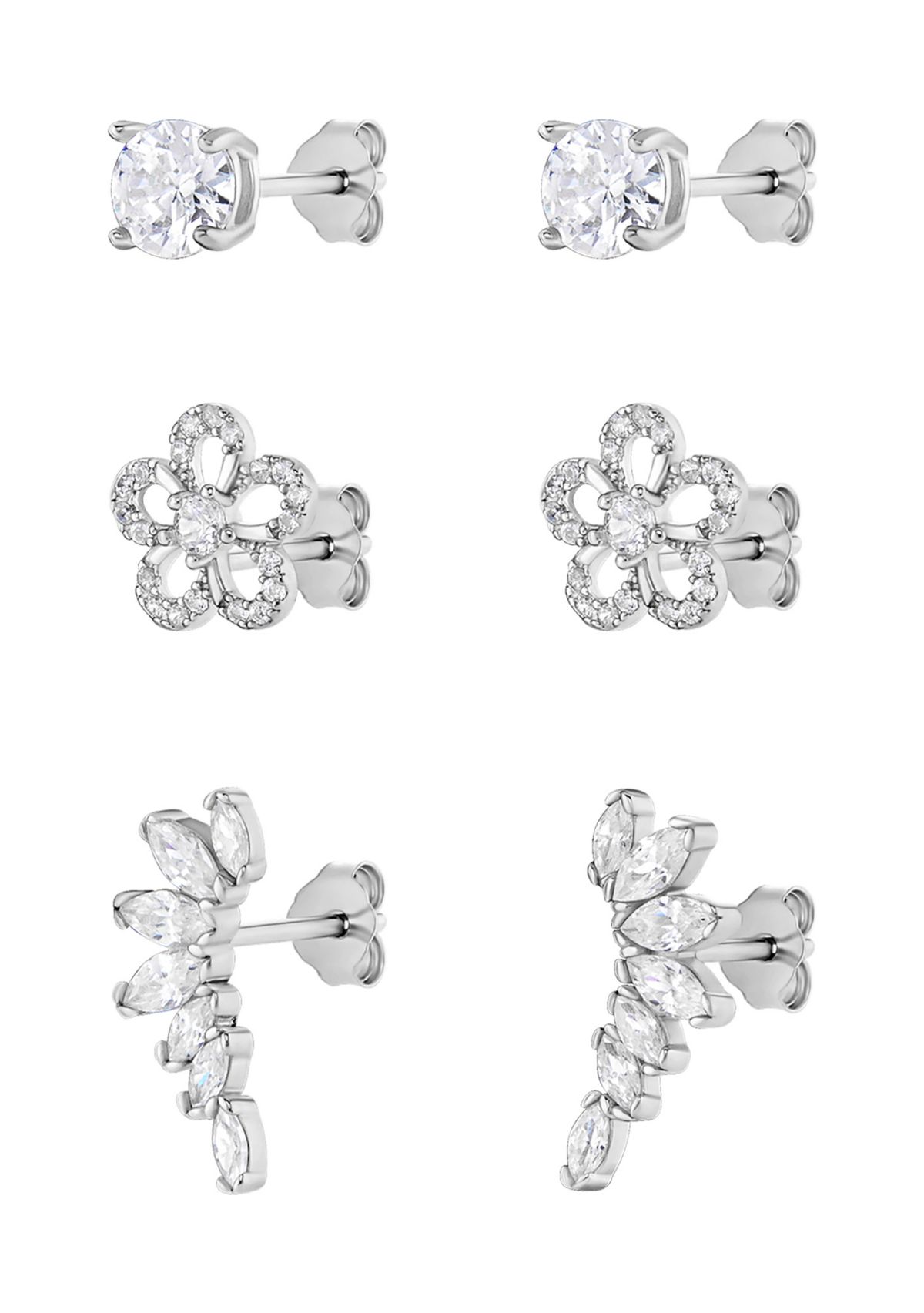 Sterling Silver Cubic Zirconia Round Flower Crawler Stud Set