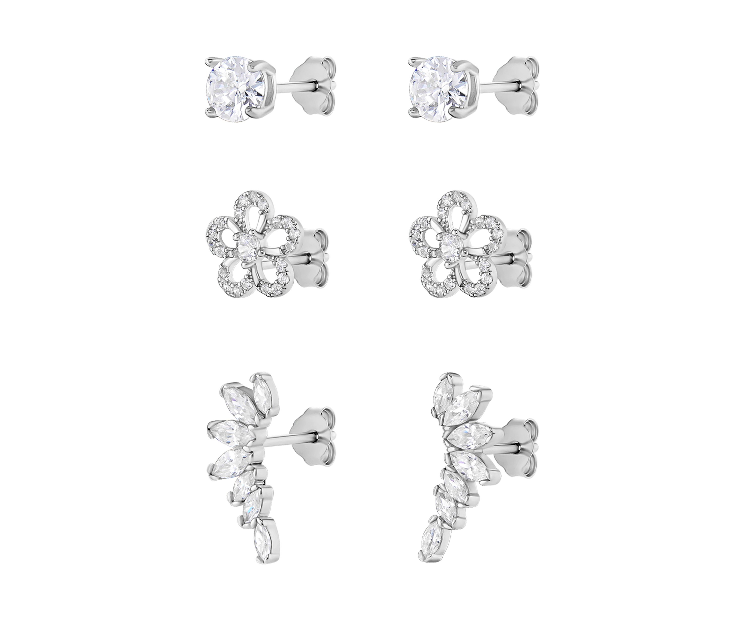 Sterling Silver Cubic Zirconia Round Flower Crawler Stud Set