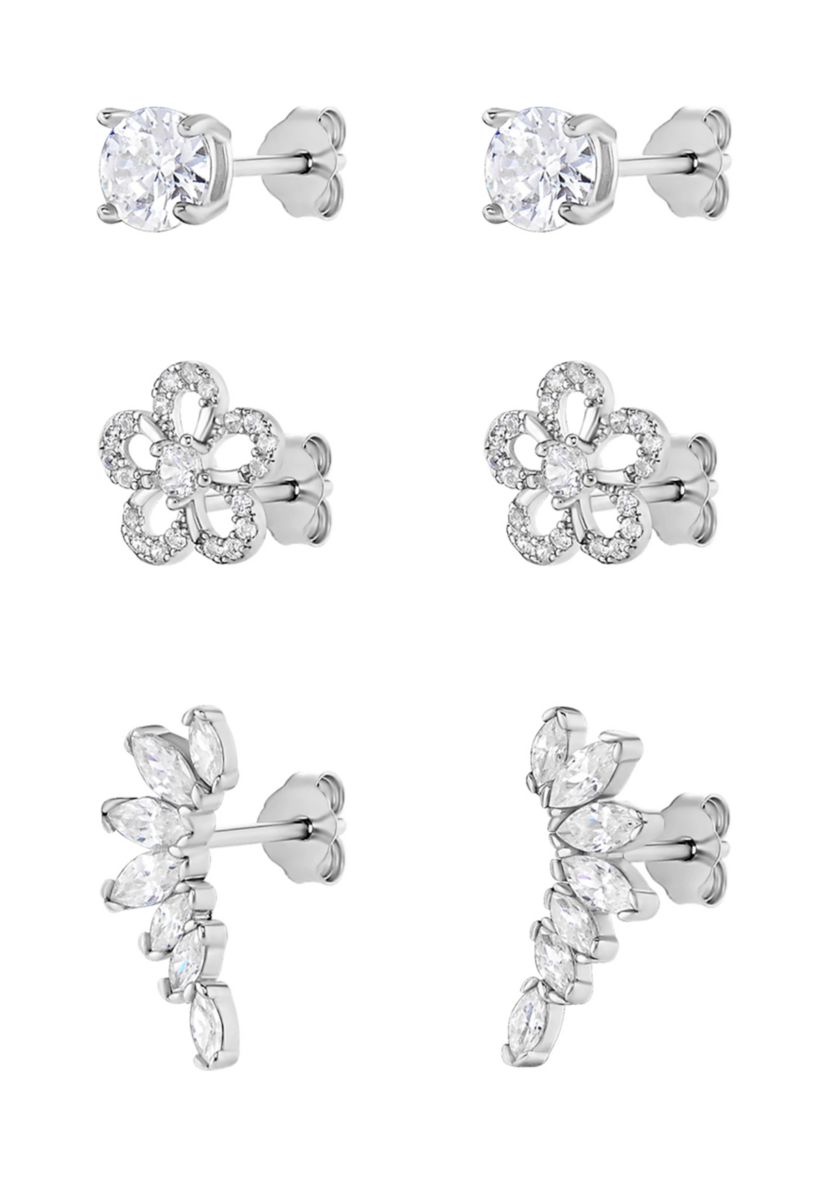 Sterling Silver Cubic Zirconia Round Flower Crawler Stud Set