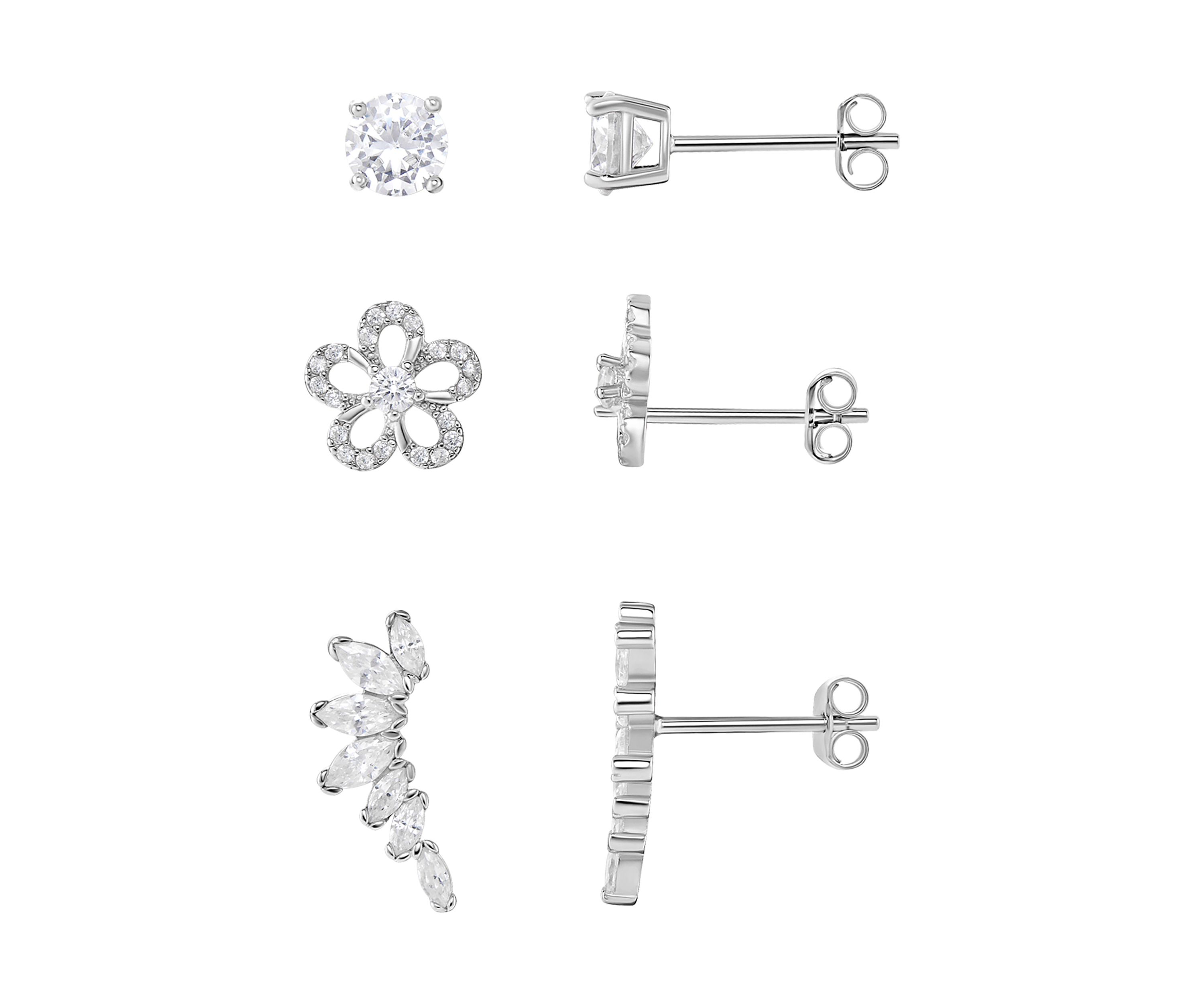 Sterling Silver Cubic Zirconia Round Flower Crawler Stud Set
