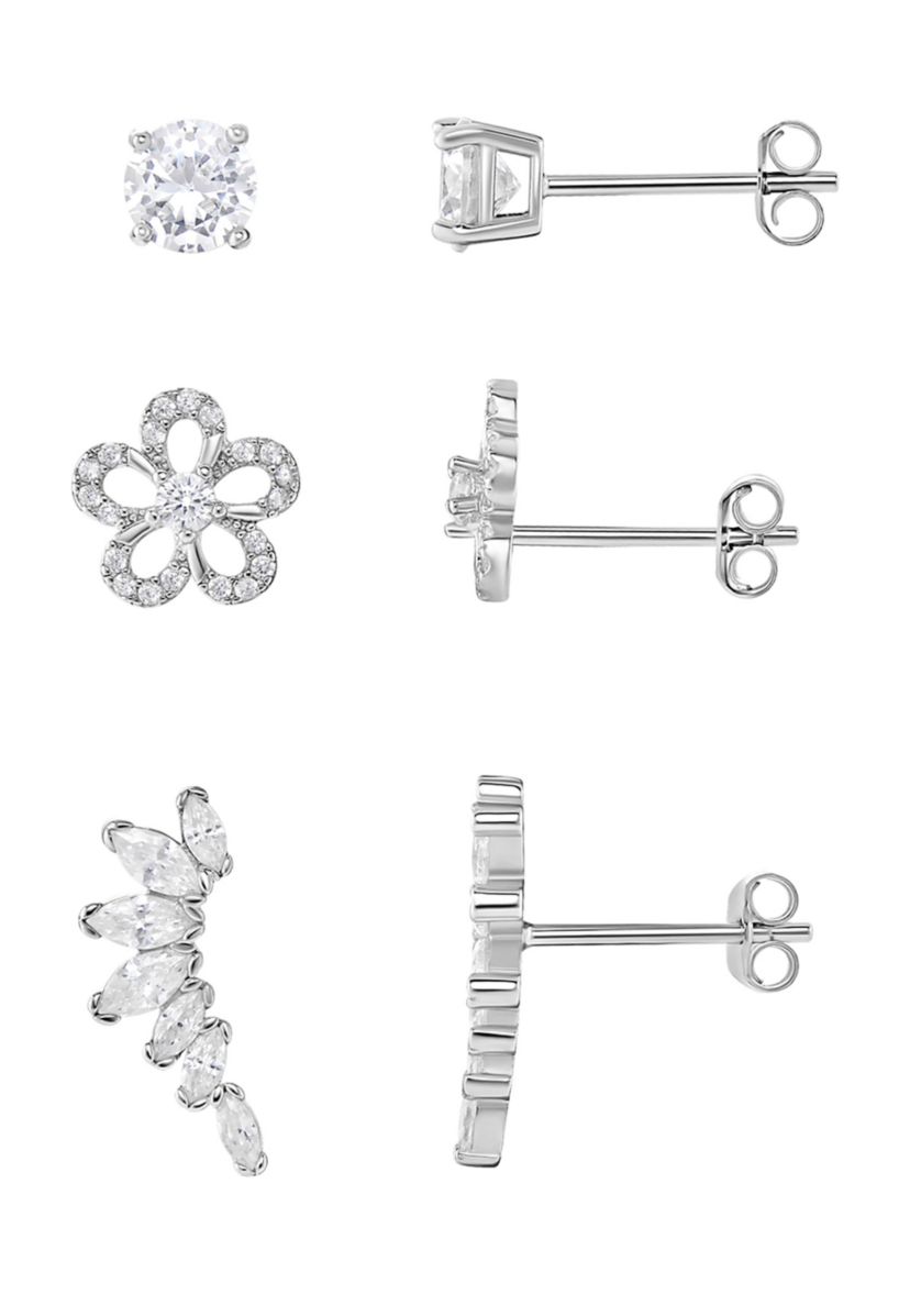 Sterling Silver Cubic Zirconia Round Flower Crawler Stud Set