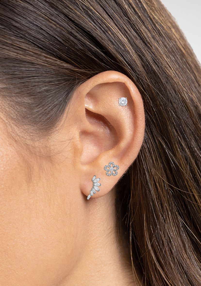 Sterling Silver Cubic Zirconia Round Flower Crawler Stud Set