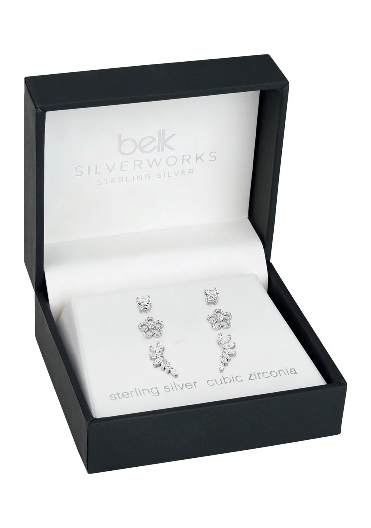 Sterling Silver Cubic Zirconia Round Flower Crawler Stud Set