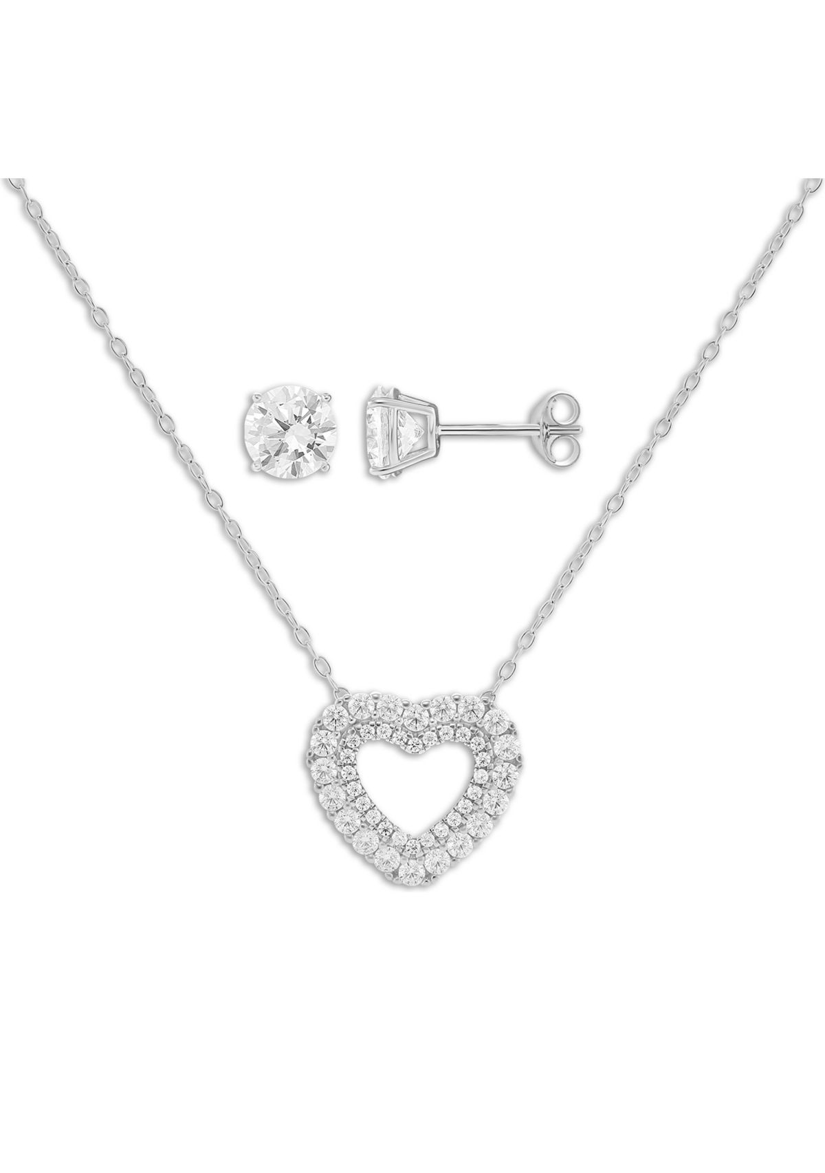 Sterling Silver Cubic Zirconia Round Studs & Heart Necklace Set