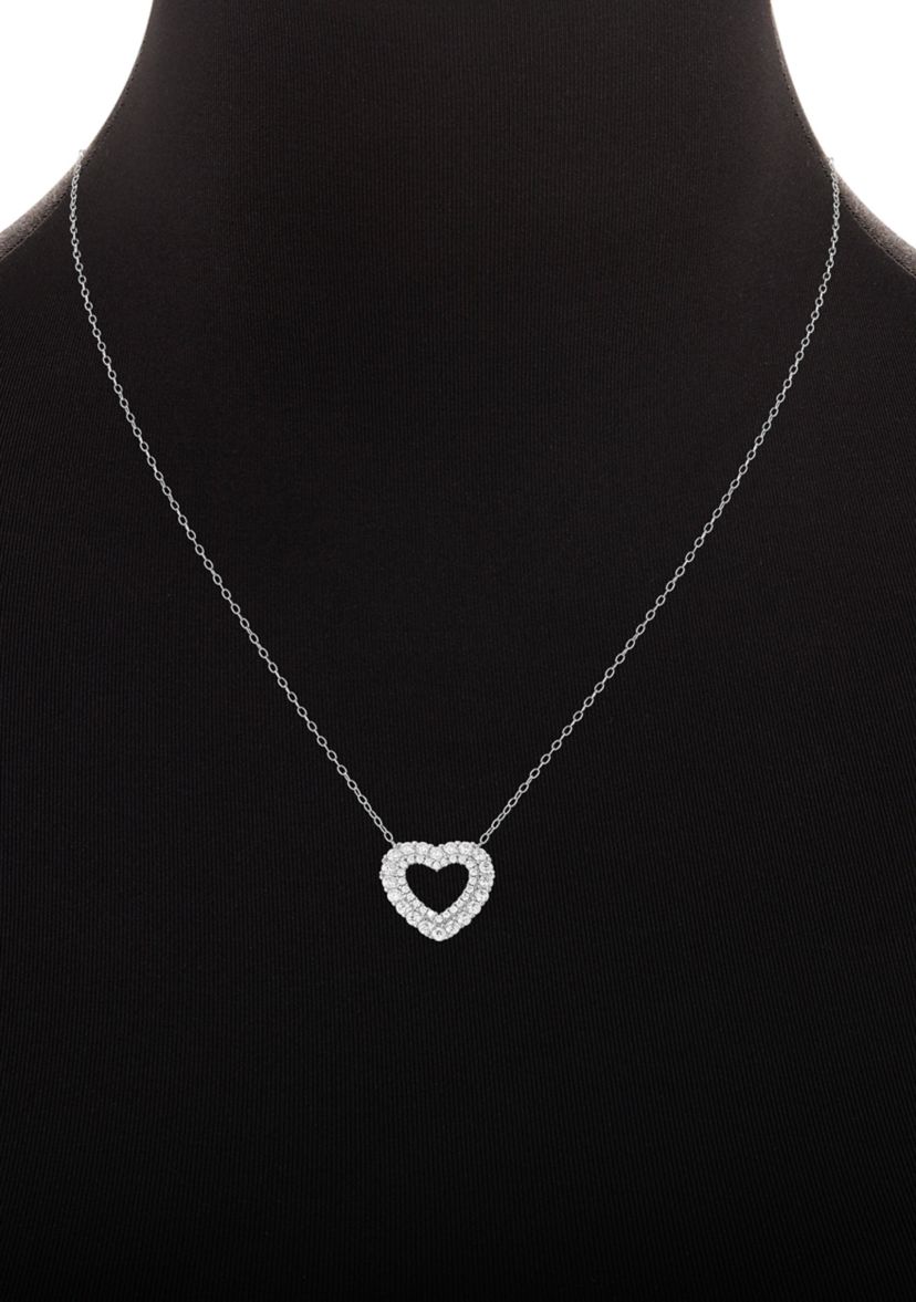 Sterling Silver Cubic Zirconia Round Studs & Heart Necklace Set