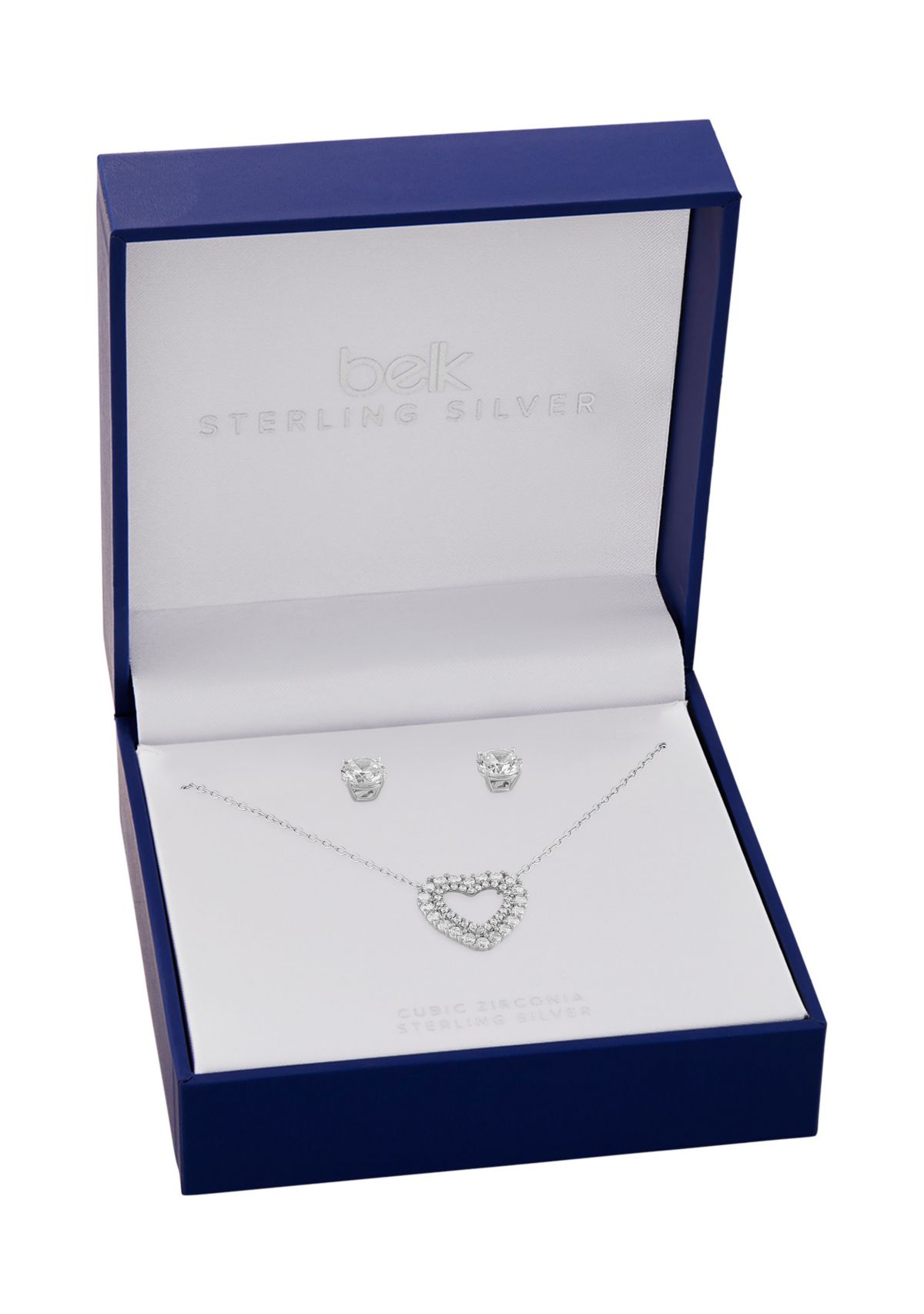 Sterling Silver Cubic Zirconia Round Studs & Heart Necklace Set