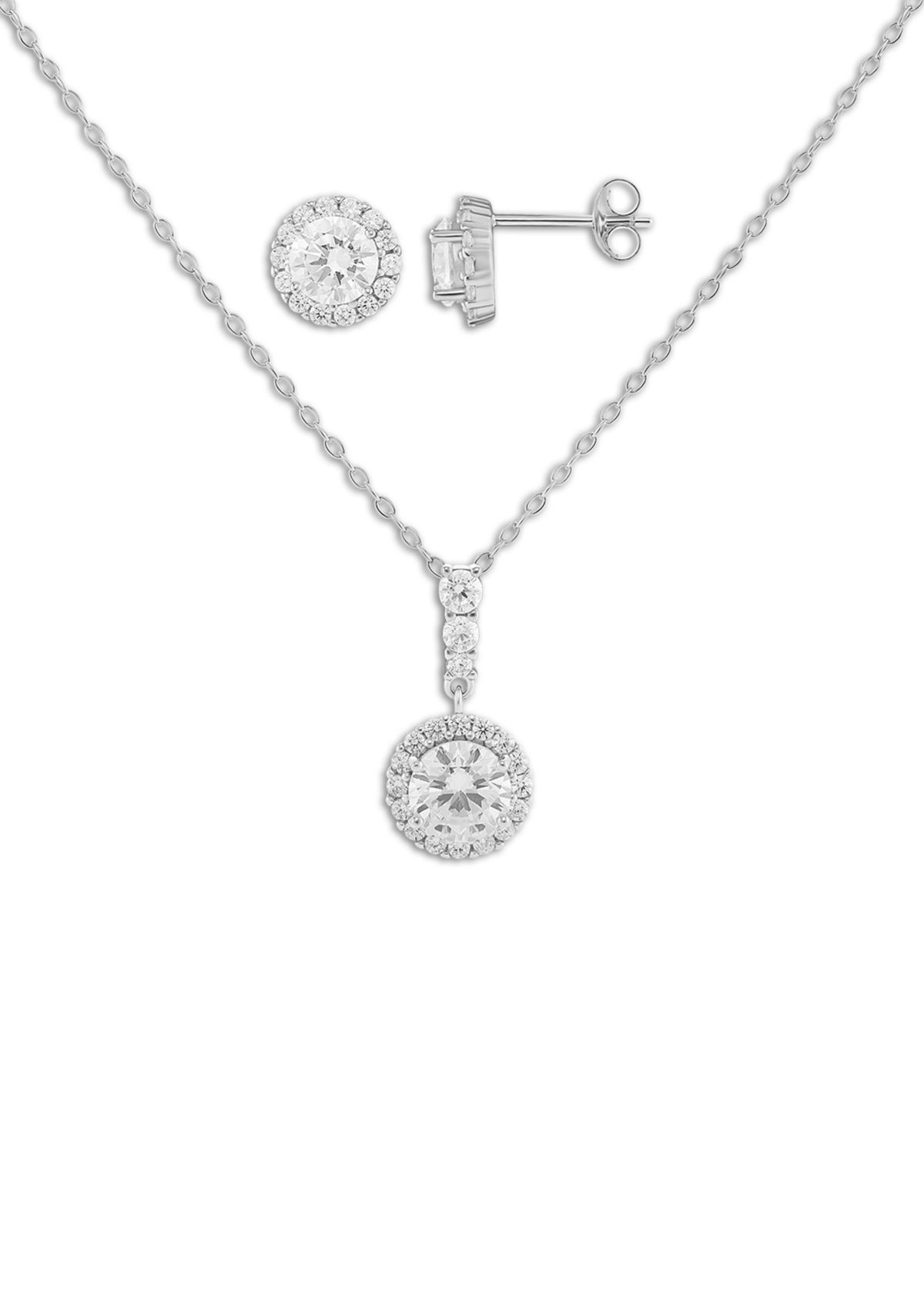 Sterling Silver Cubic Zirconia Pavé Round Stud Earrings & Pendant Necklace Set