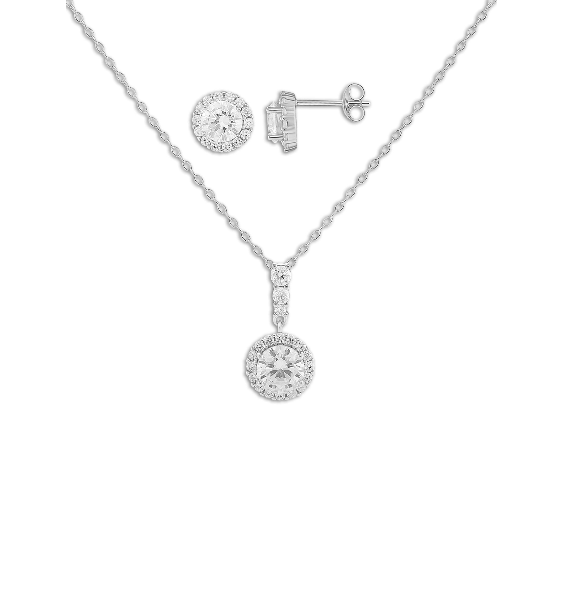 Sterling Silver Cubic Zirconia Pavé Round Stud Earrings & Pendant Necklace Set