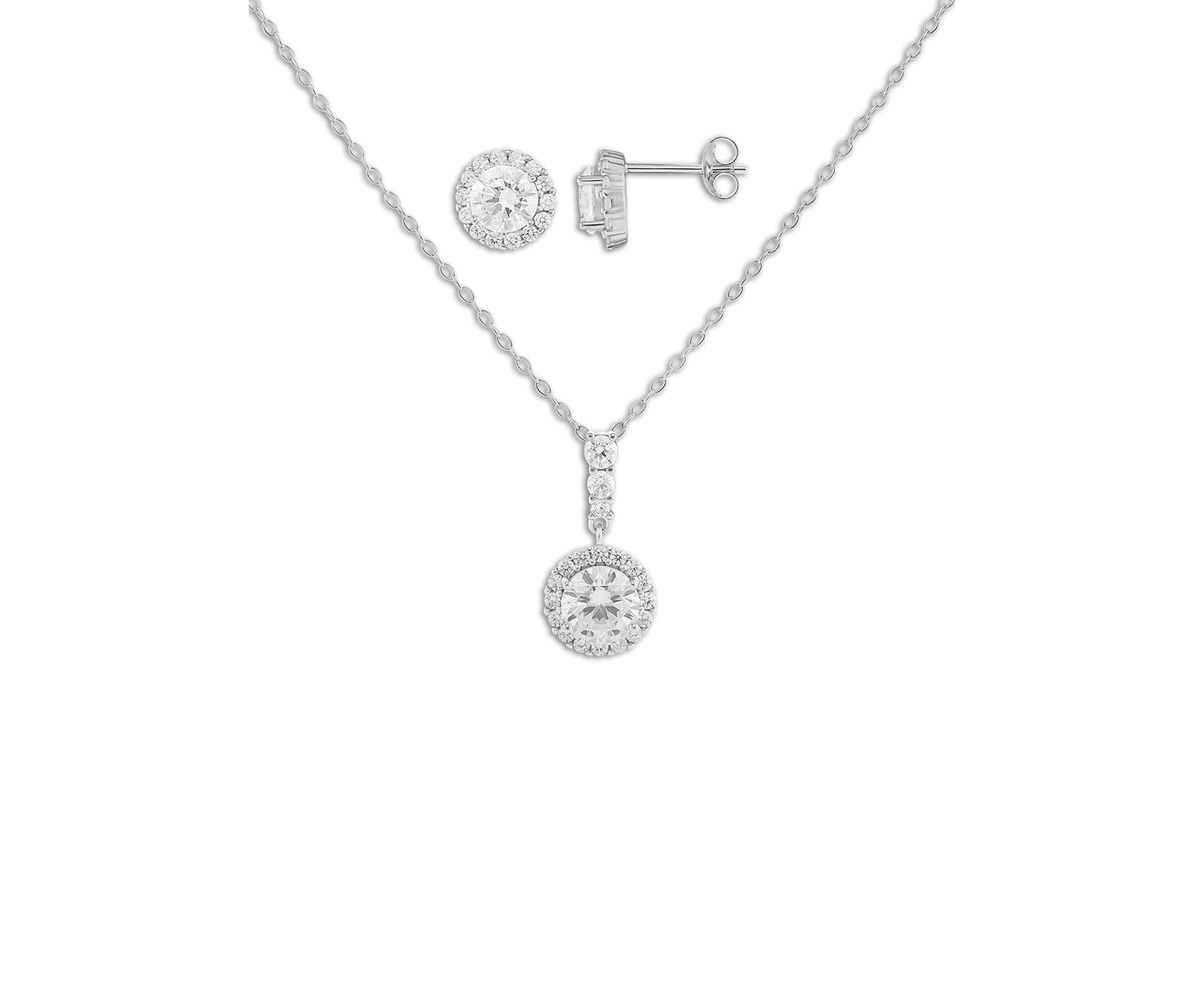 Sterling Silver Cubic Zirconia Pavé Round Stud Earrings & Pendant Necklace Set