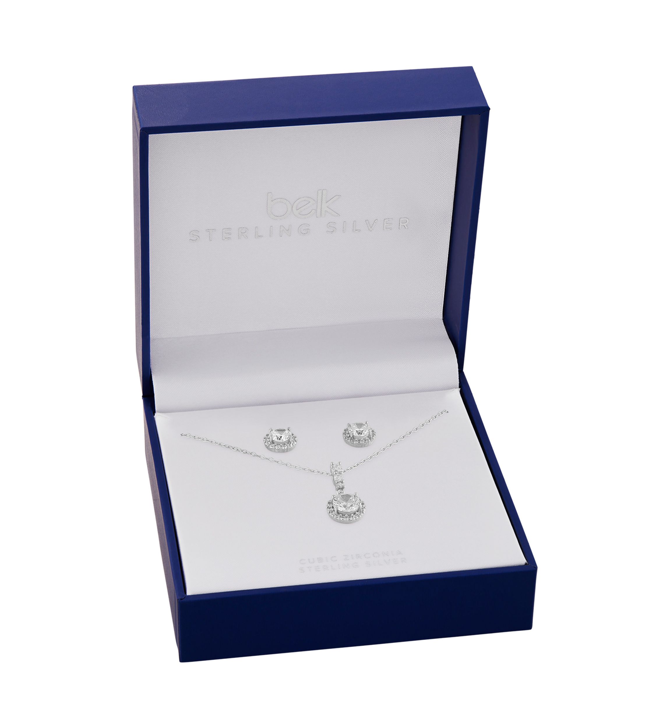 Sterling Silver Cubic Zirconia Pavé Round Stud Earrings & Pendant Necklace Set