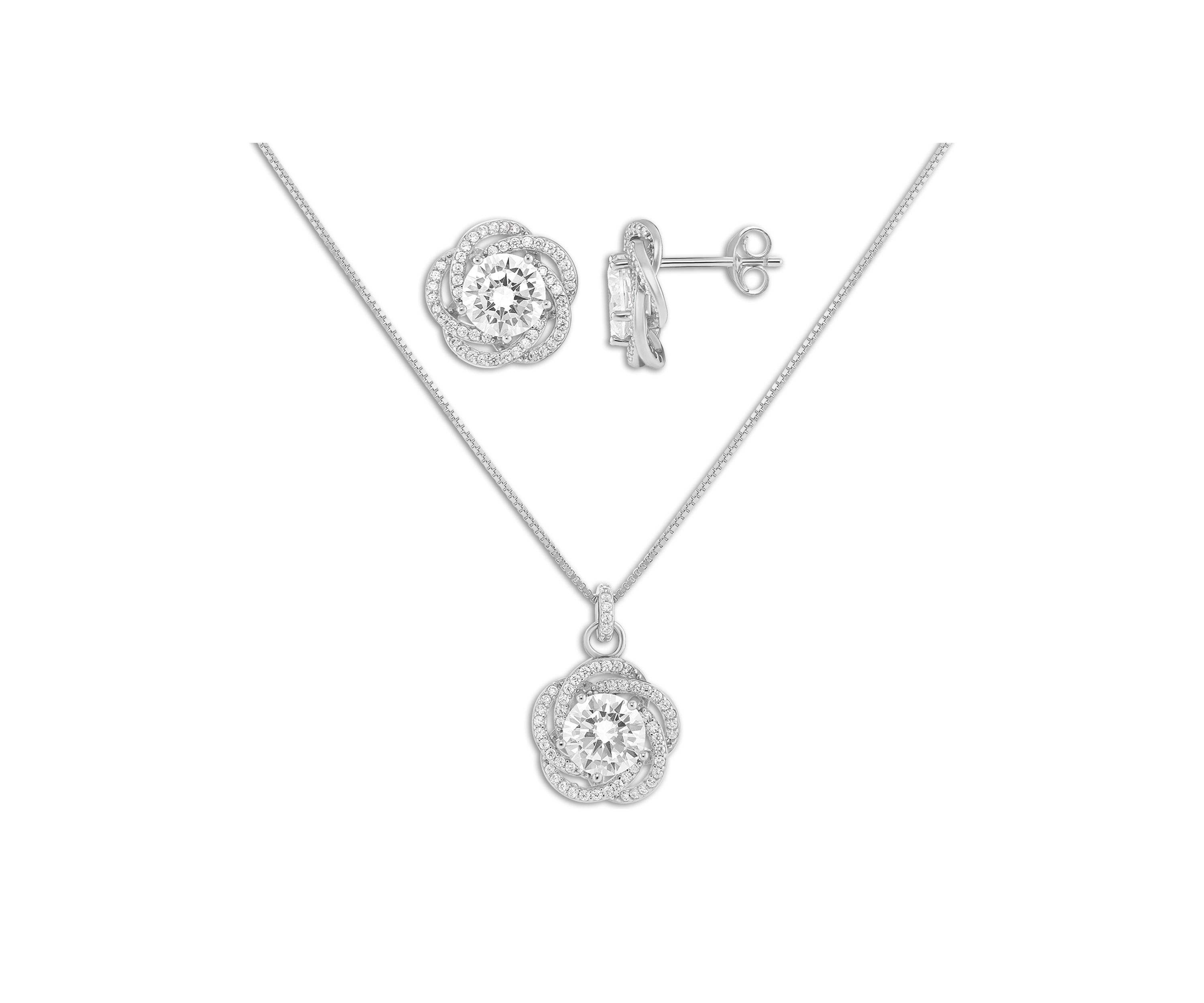 Sterling Silver Cubic Zirconia Pavé Love Knot Stud Earrings & Pendant Necklace Set