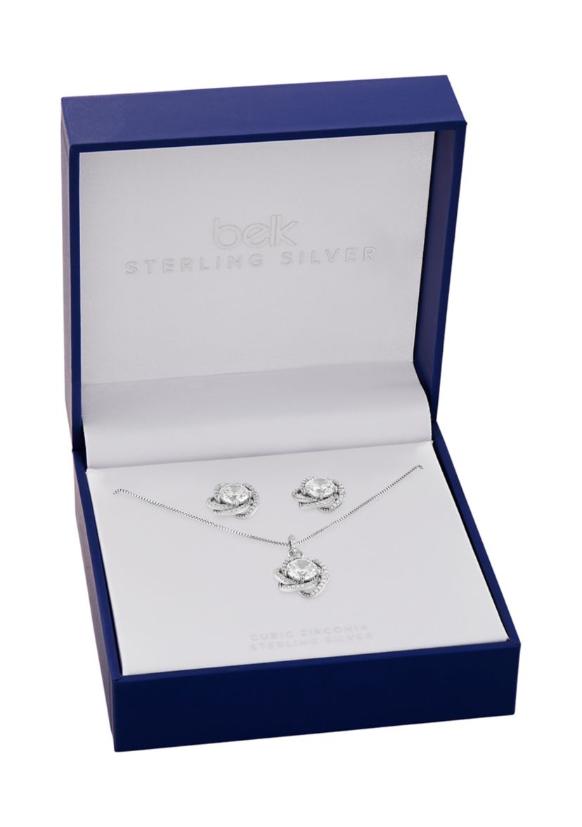 Sterling Silver Cubic Zirconia Pavé Love Knot Stud Earrings & Pendant Necklace Set