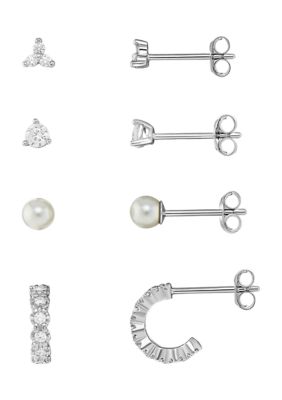 Belk Sterling Silver Sterling Silver Round Cubic Zirconia Pearl Flower C Hoop Quad - Set of 4