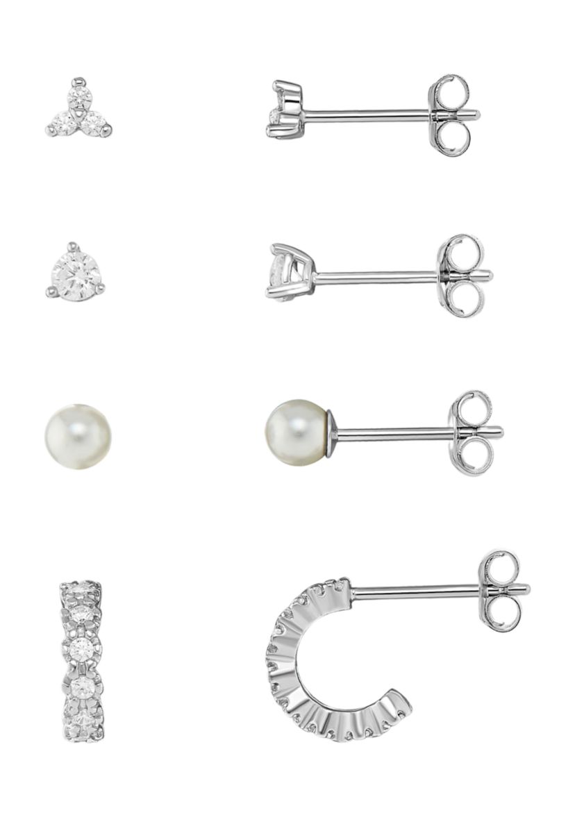 Sterling Silver Round Cubic Zirconia Pearl Flower C Hoop Quad - Set of 4