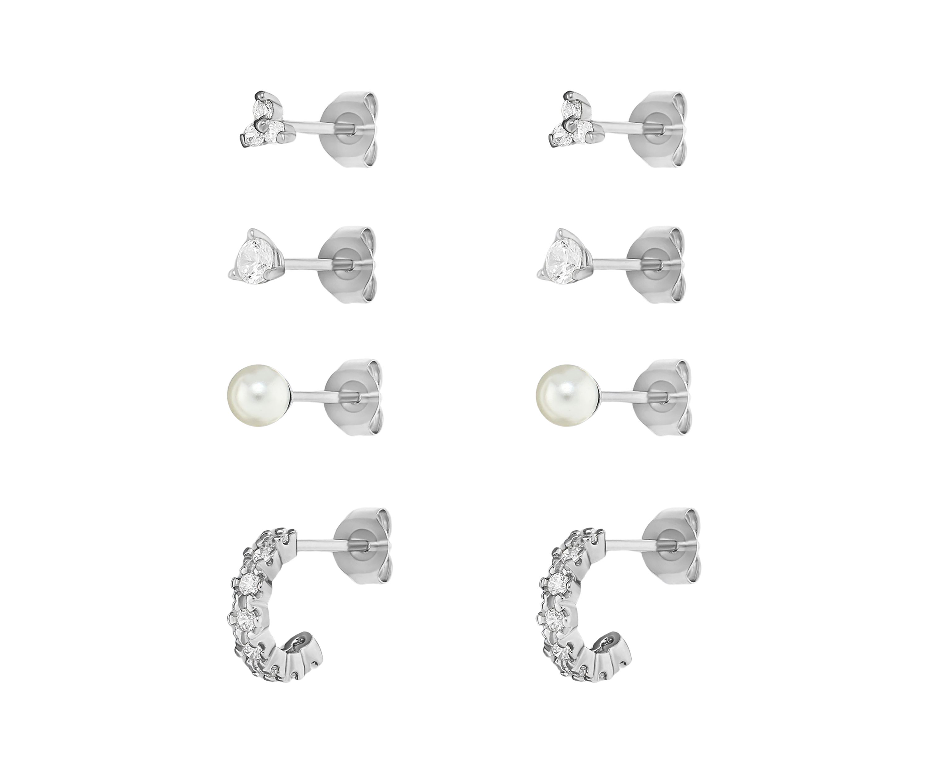 Sterling Silver Round Cubic Zirconia Pearl Flower C Hoop Quad - Set of 4