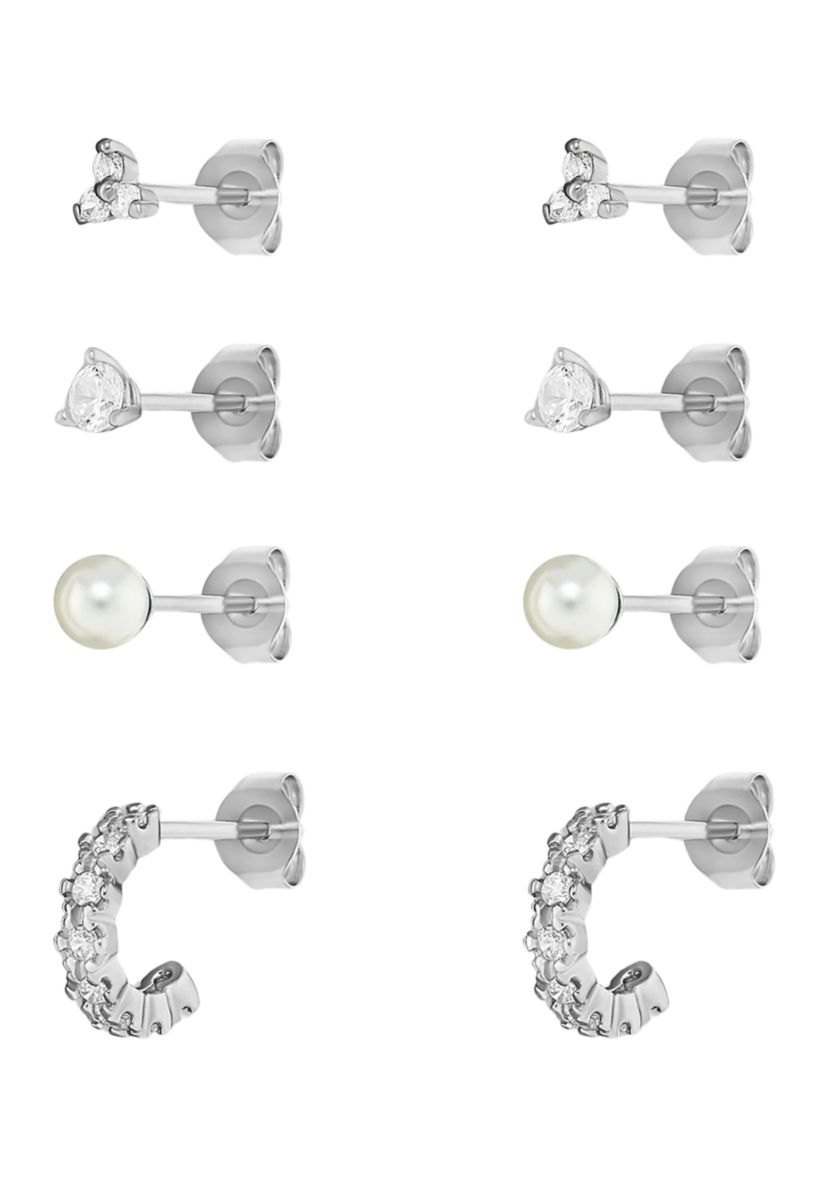 Sterling Silver Round Cubic Zirconia Pearl Flower C Hoop Quad - Set of 4