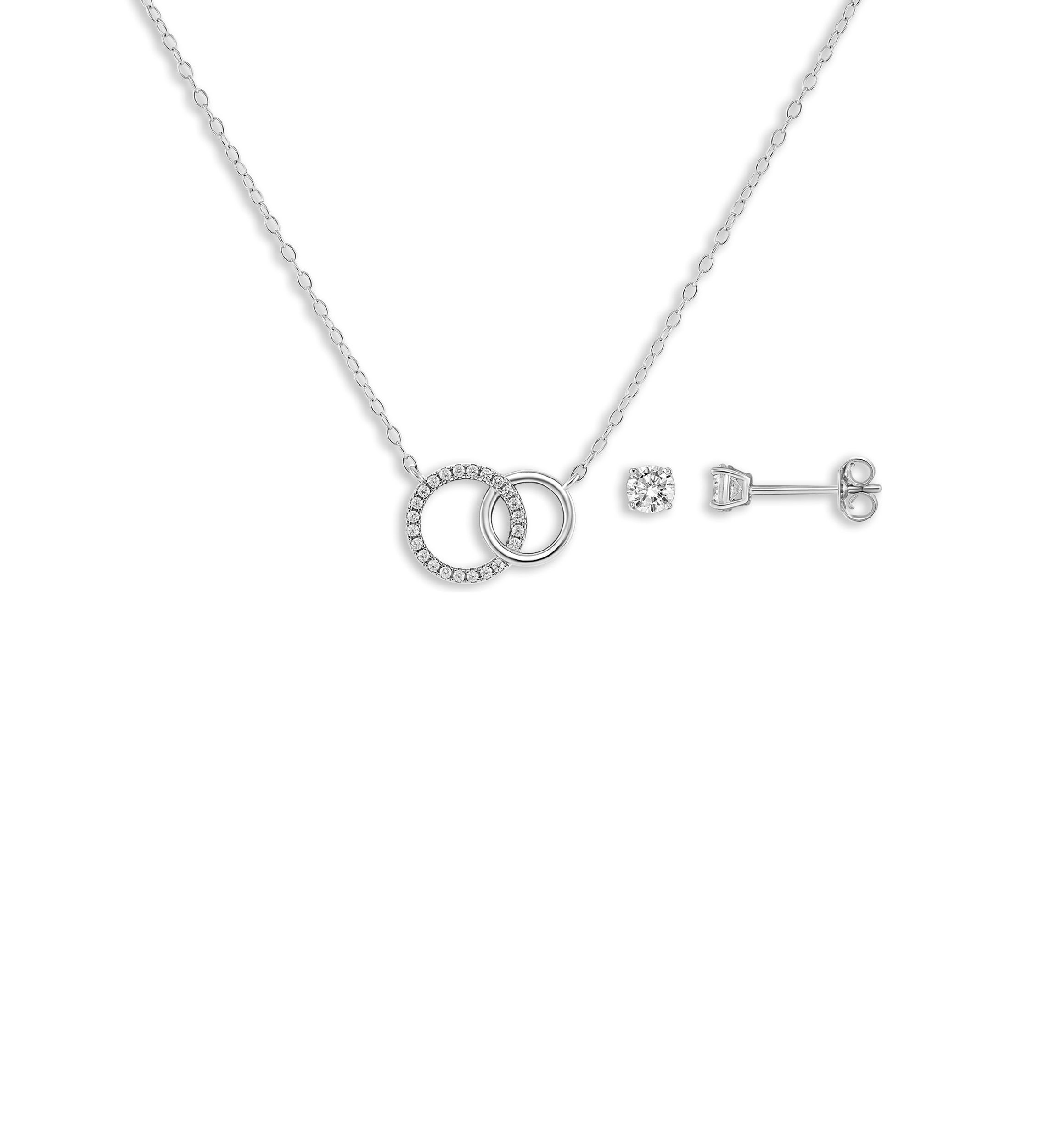 Sterling Silver Round Cubic Zirconia Stud Earrings and Polished Interlocking Circle Necklace Set