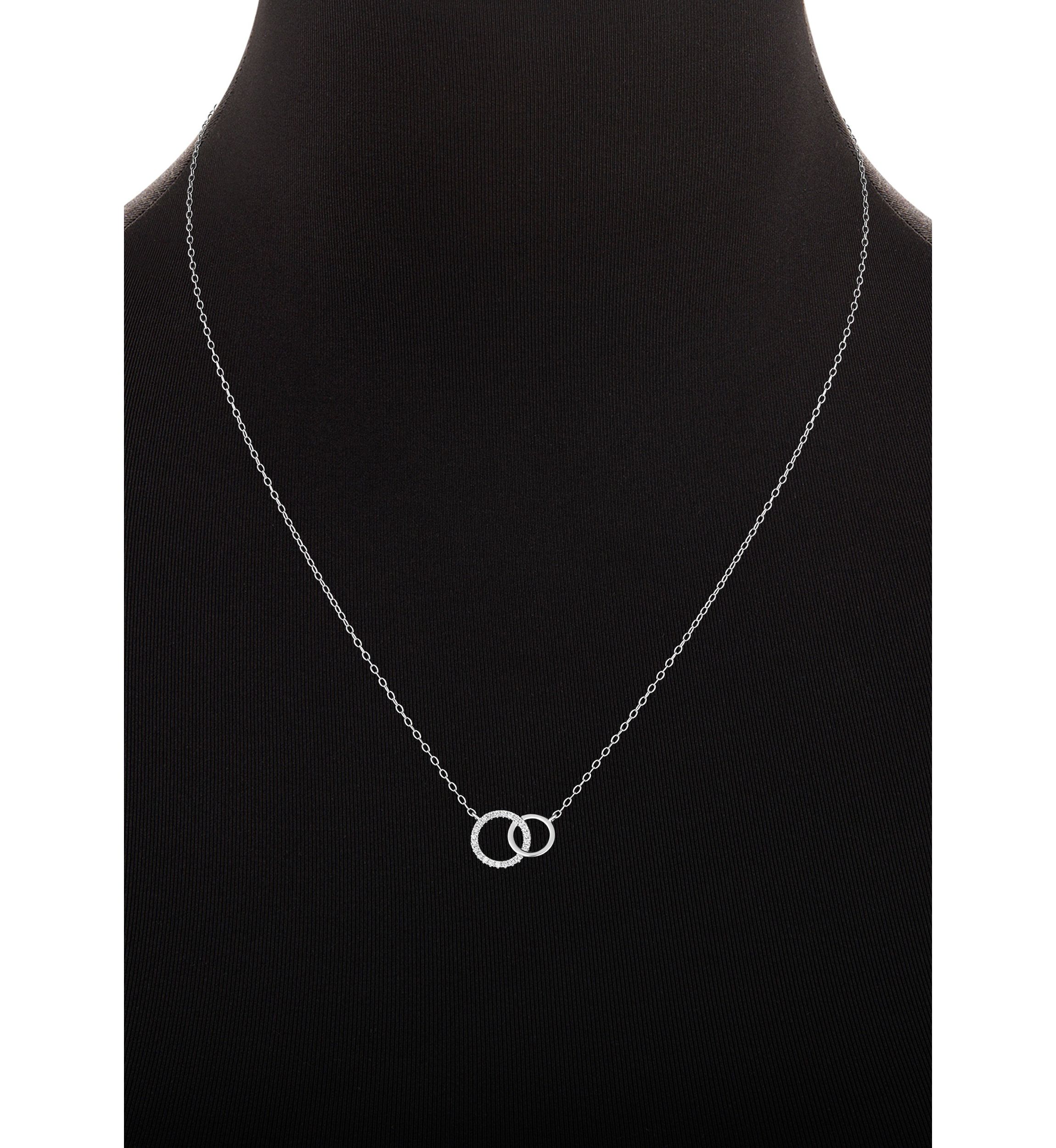 Sterling Silver Round Cubic Zirconia Stud Earrings and Polished Interlocking Circle Necklace Set