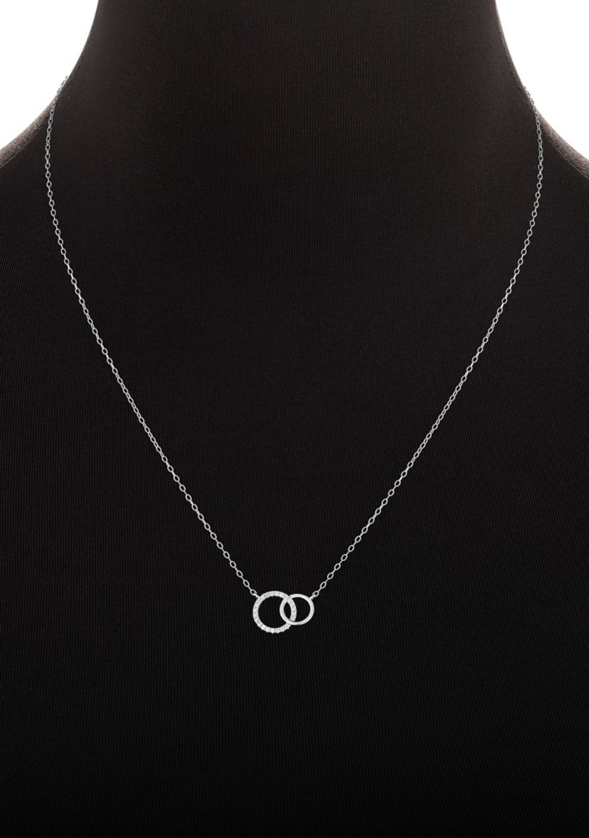 Sterling Silver Round Cubic Zirconia Stud Earrings and Polished Interlocking Circle Necklace Set