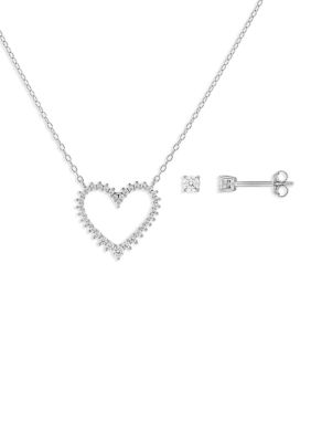 Belk Sterling Silver Sterling Silver Cubic Zirconia Round Studs and Heart Necklace Set