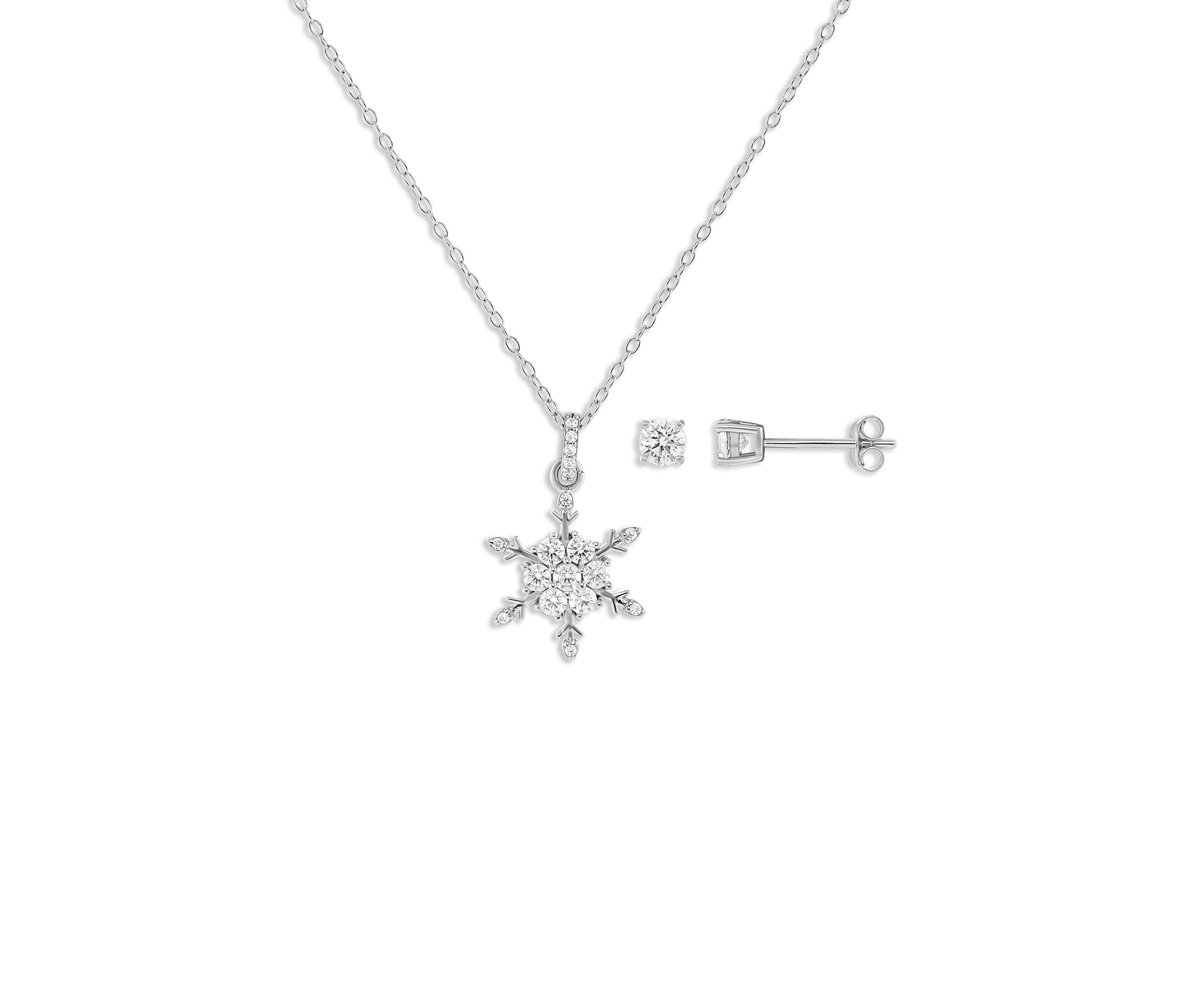 Sterling Silver Cubic Zirconia Round Studs and Snowflake Pendant Necklace Set