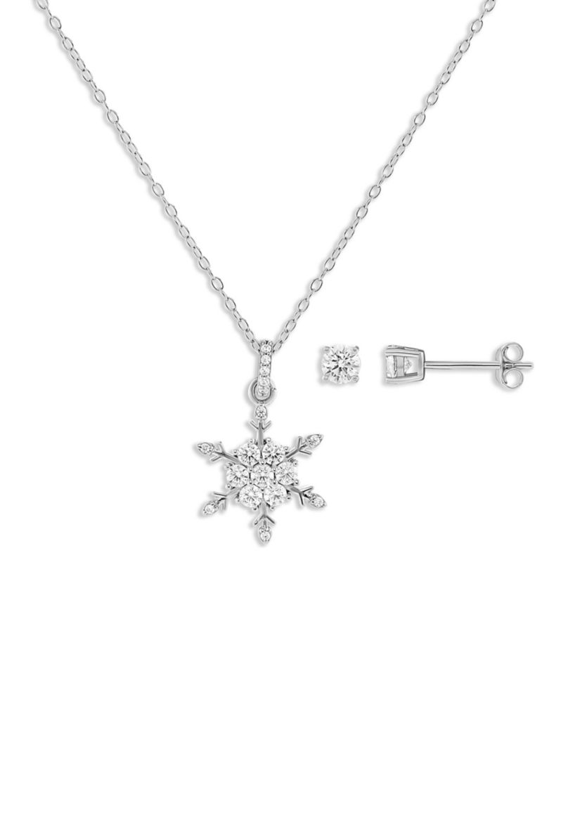 Sterling Silver Cubic Zirconia Round Studs and Snowflake Pendant Necklace Set