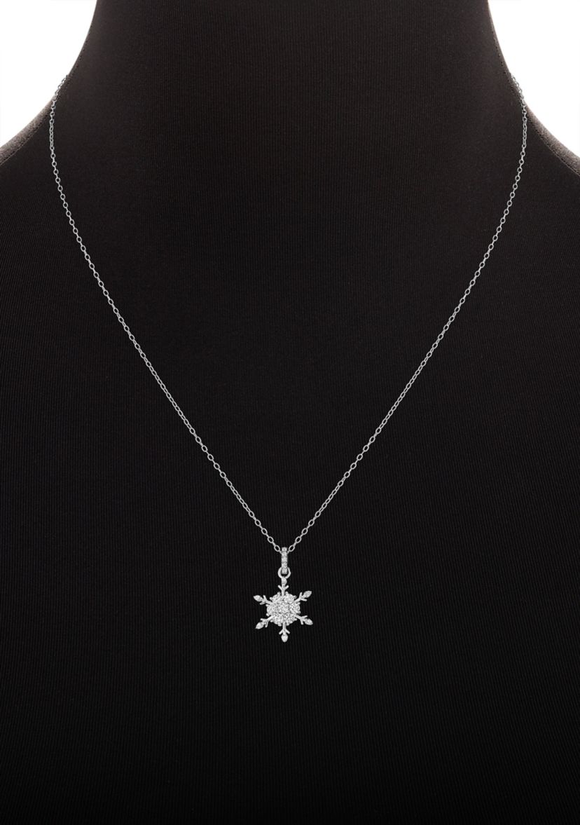 Sterling Silver Cubic Zirconia Round Studs and Snowflake Pendant Necklace Set