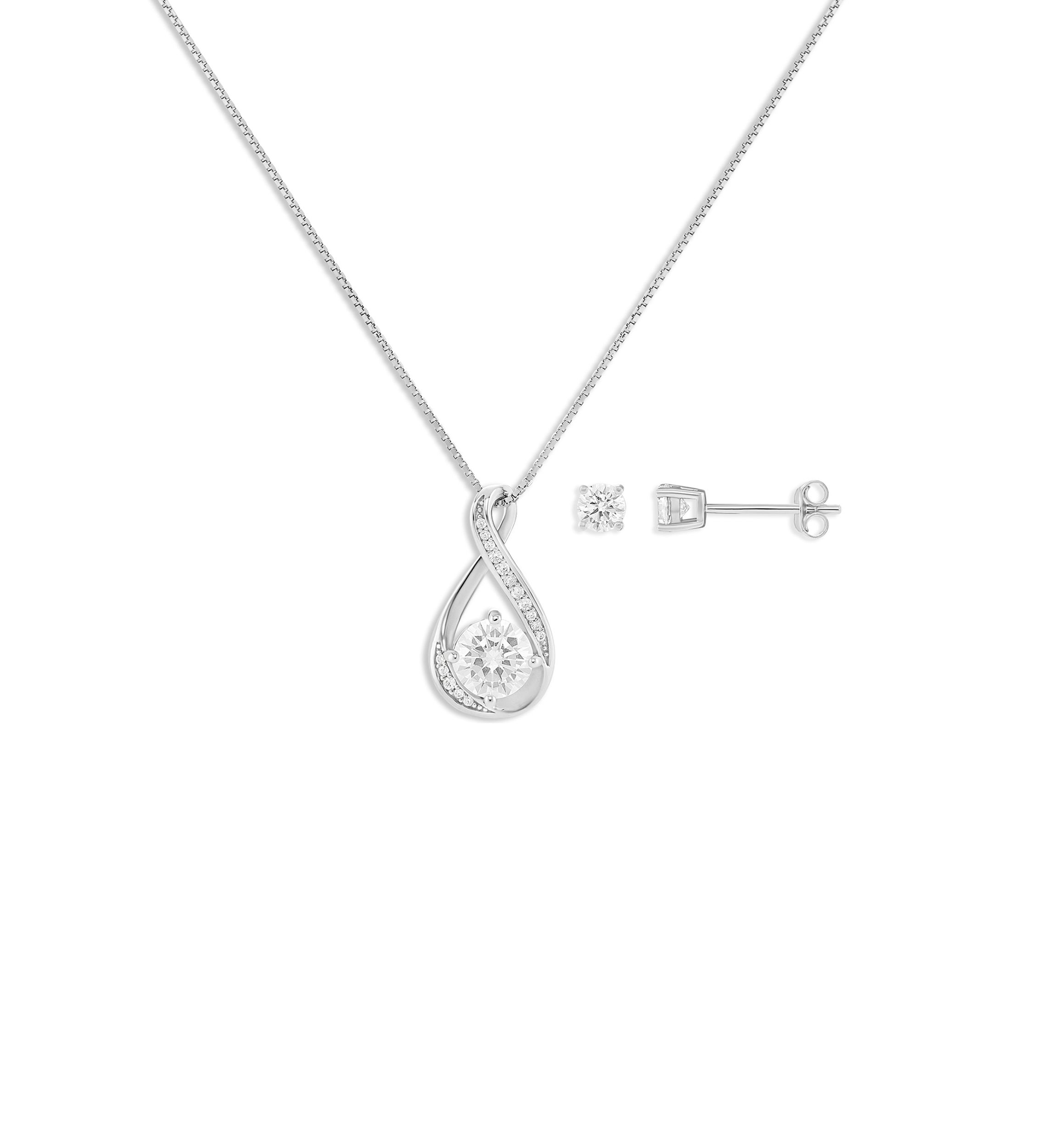 Sterling Silver Cubic Zirconia Round Studs and Twisted Pendant Necklace Set