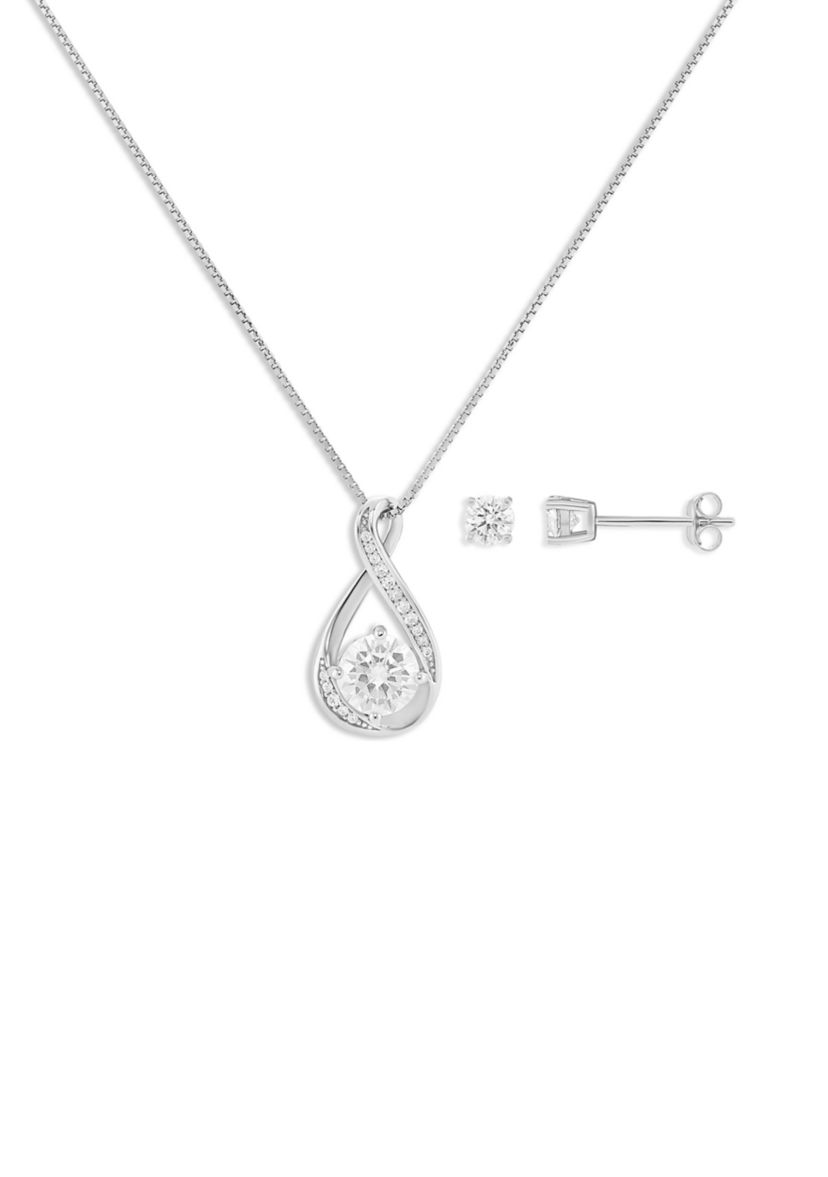 Sterling Silver Cubic Zirconia Round Studs and Twisted Pendant Necklace Set