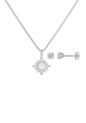 Belk Sterling Silver Sterling Silver CZ Opal Cluster Pendant Necklace with Round CZ Studs Set