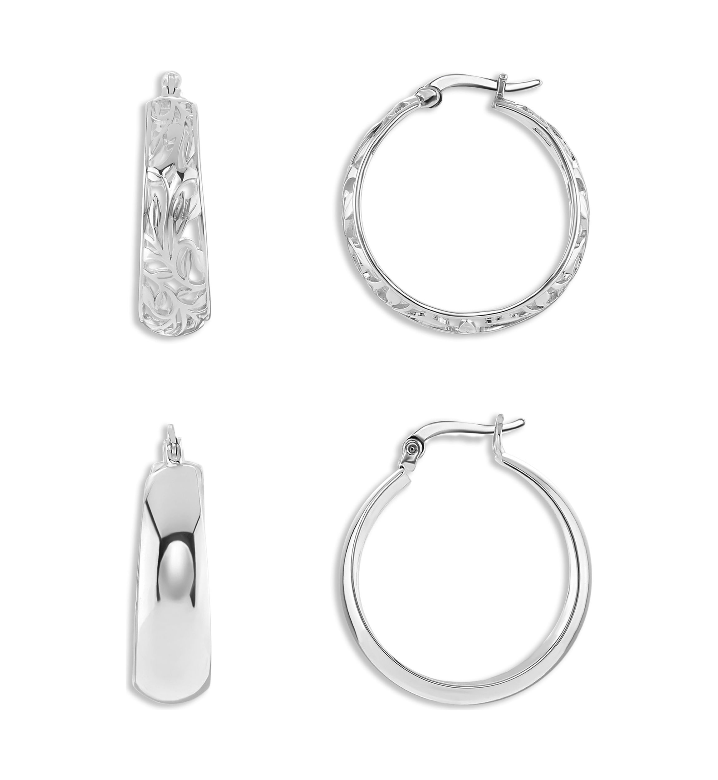 Silver Plated Polished and Filigree Hoop Earrings - Set of 2