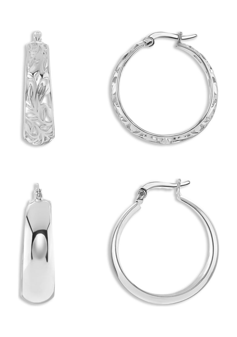 Silver Plated Polished and Filigree Hoop Earrings - Set of 2