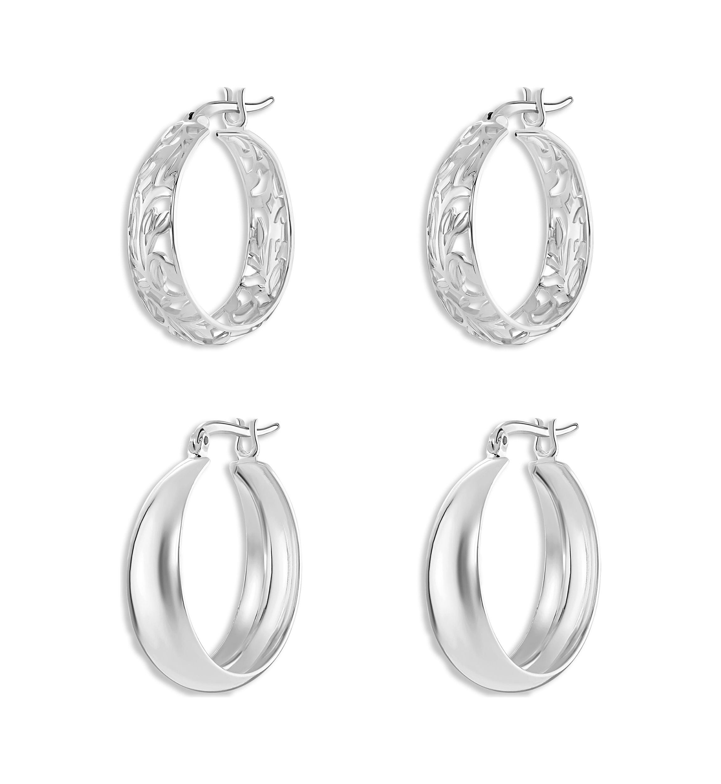 Silver Plated Polished and Filigree Hoop Earrings - Set of 2