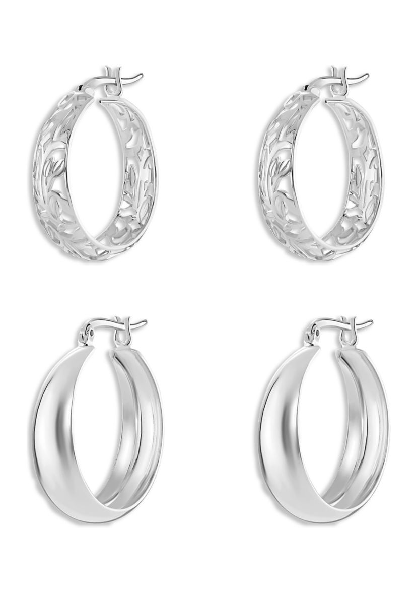 Silver Plated Polished and Filigree Hoop Earrings - Set of 2
