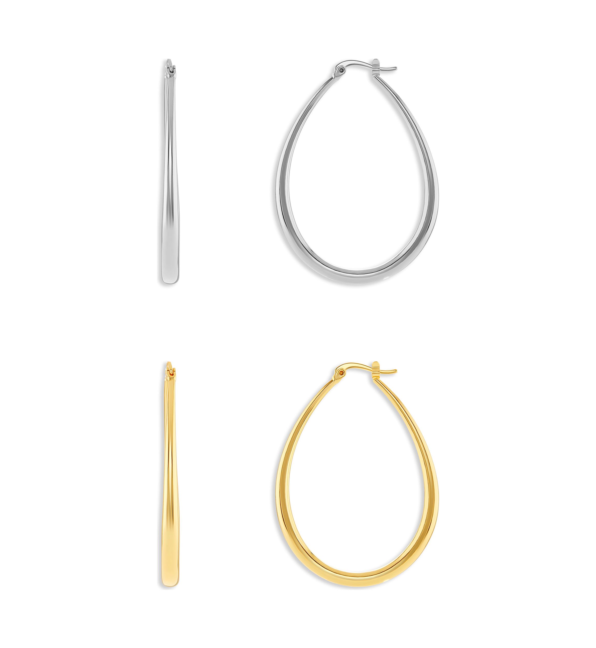 Silver Plated Two Tone 45 Millimeter Oval Hoop Earrings - Set of 2