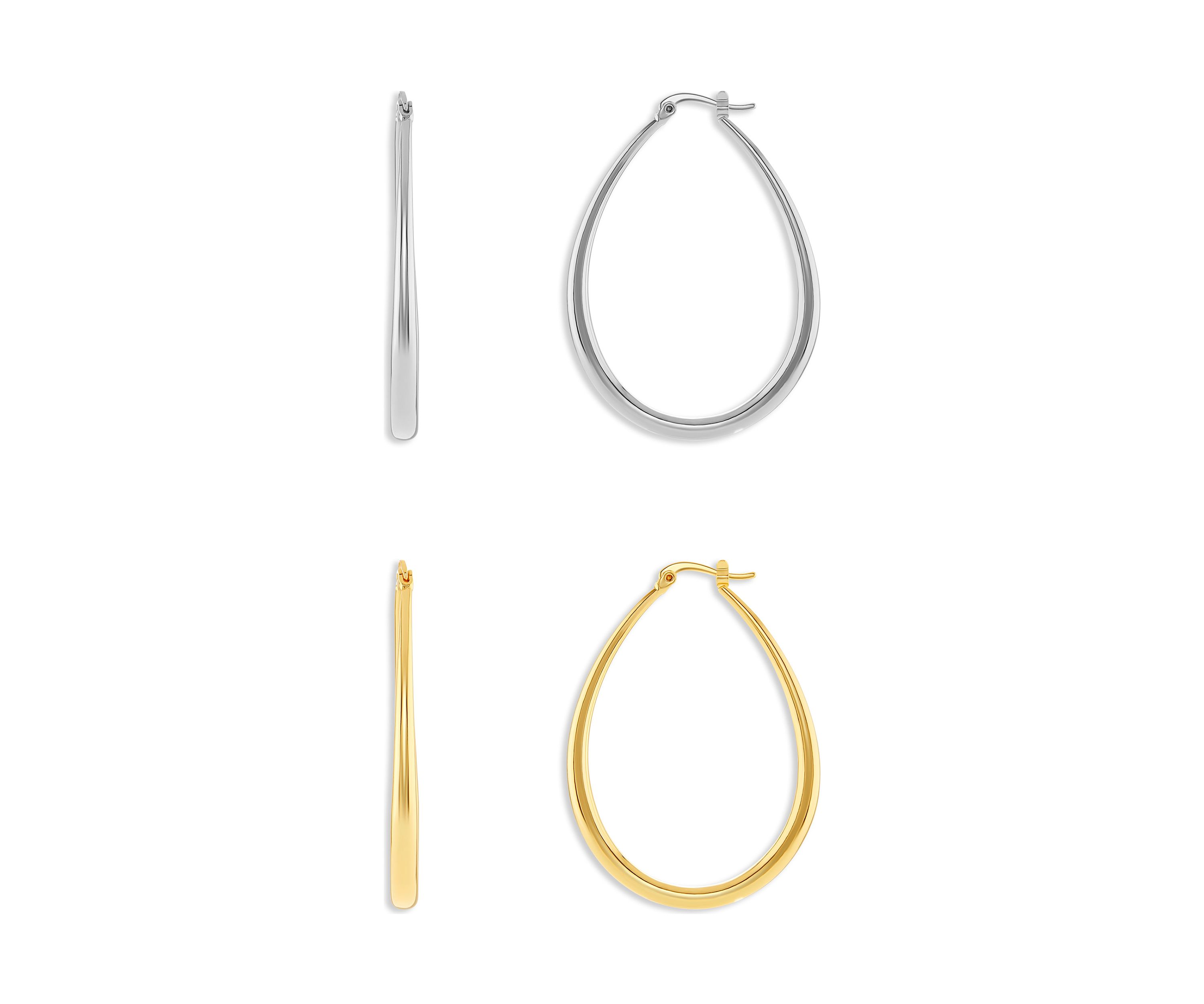 Silver Plated Two Tone 45 Millimeter Oval Hoop Earrings - Set of 2