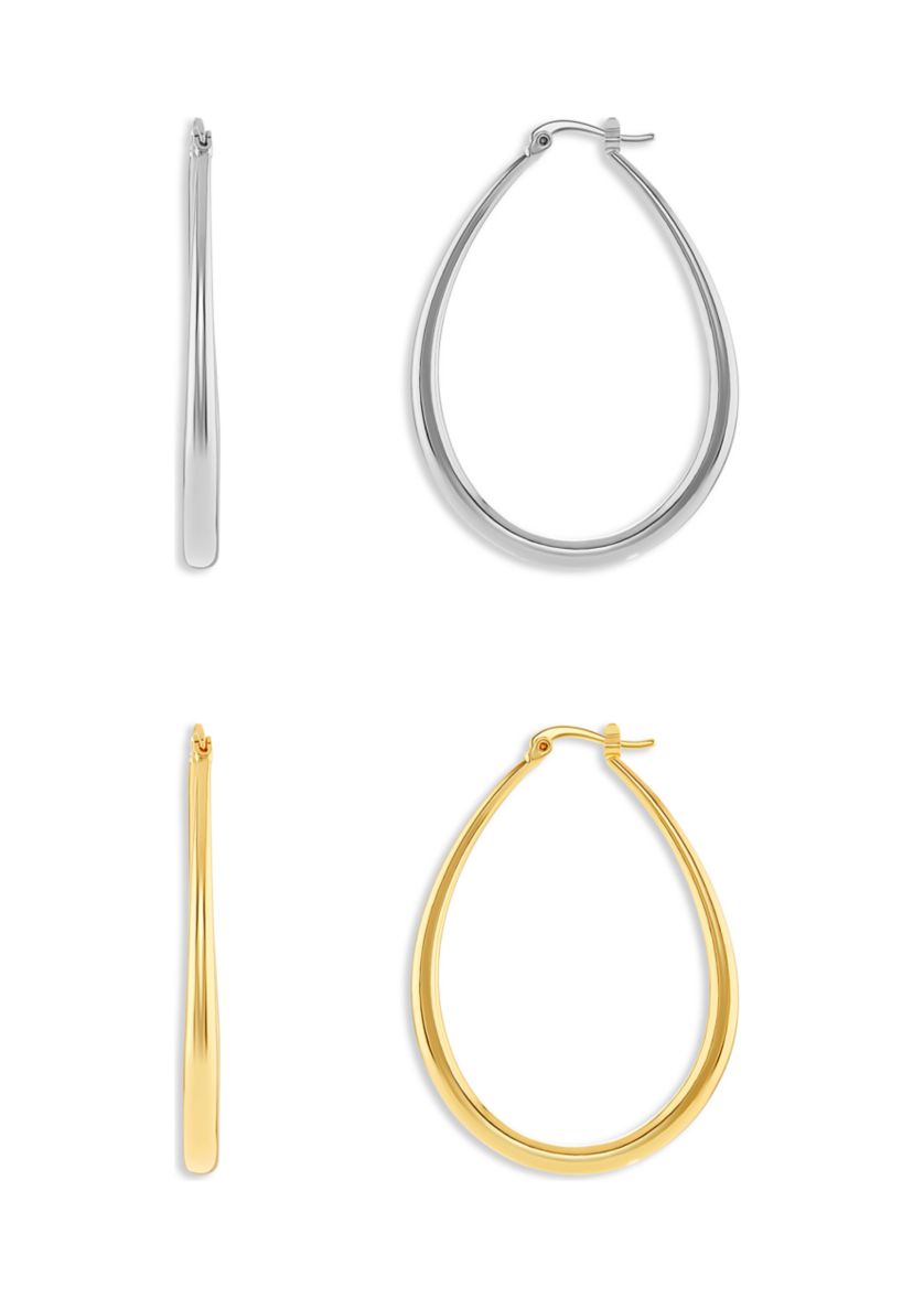 Silver Plated Two Tone 45 Millimeter Oval Hoop Earrings - Set of 2