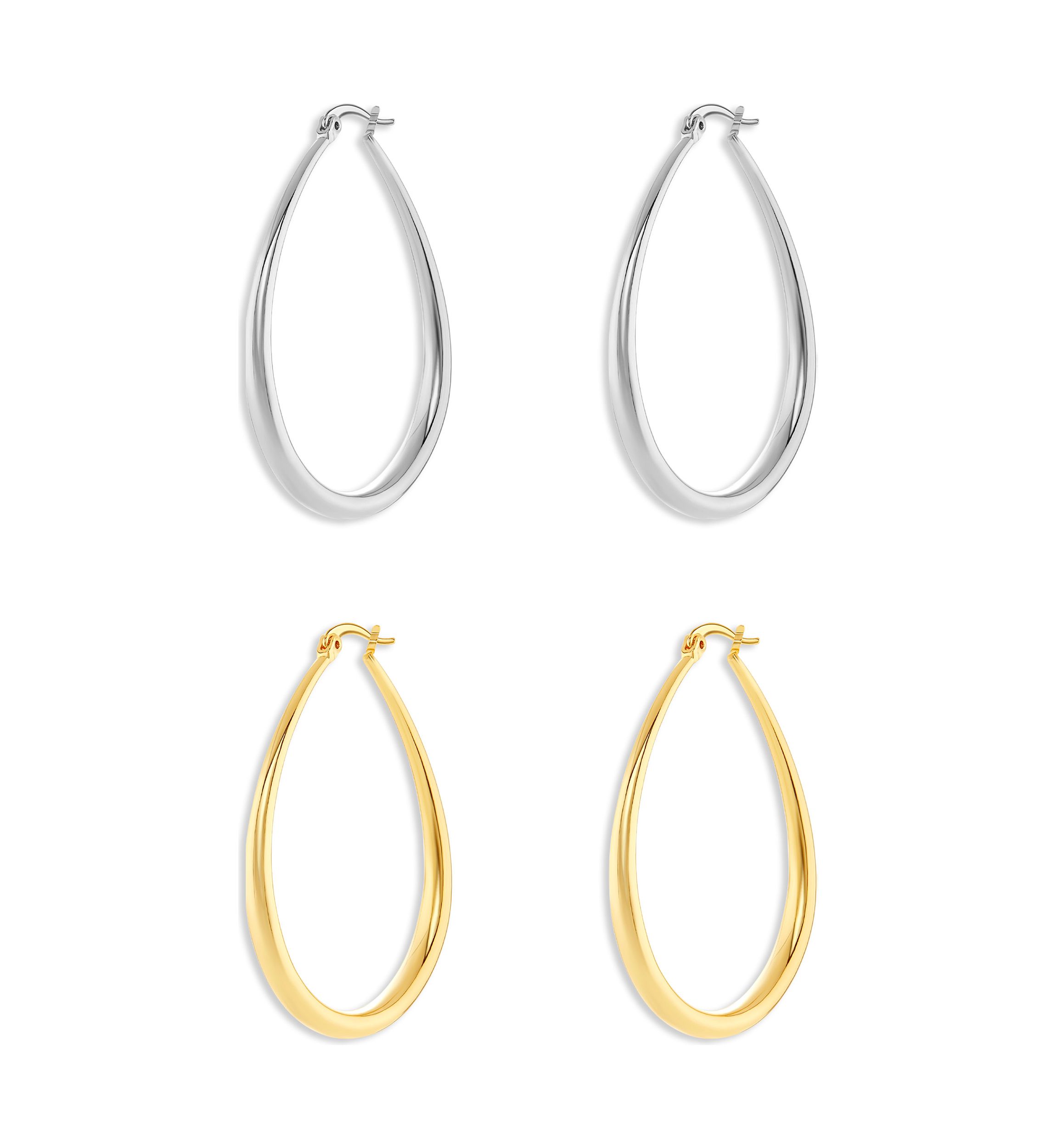 Silver Plated Two Tone 45 Millimeter Oval Hoop Earrings - Set of 2