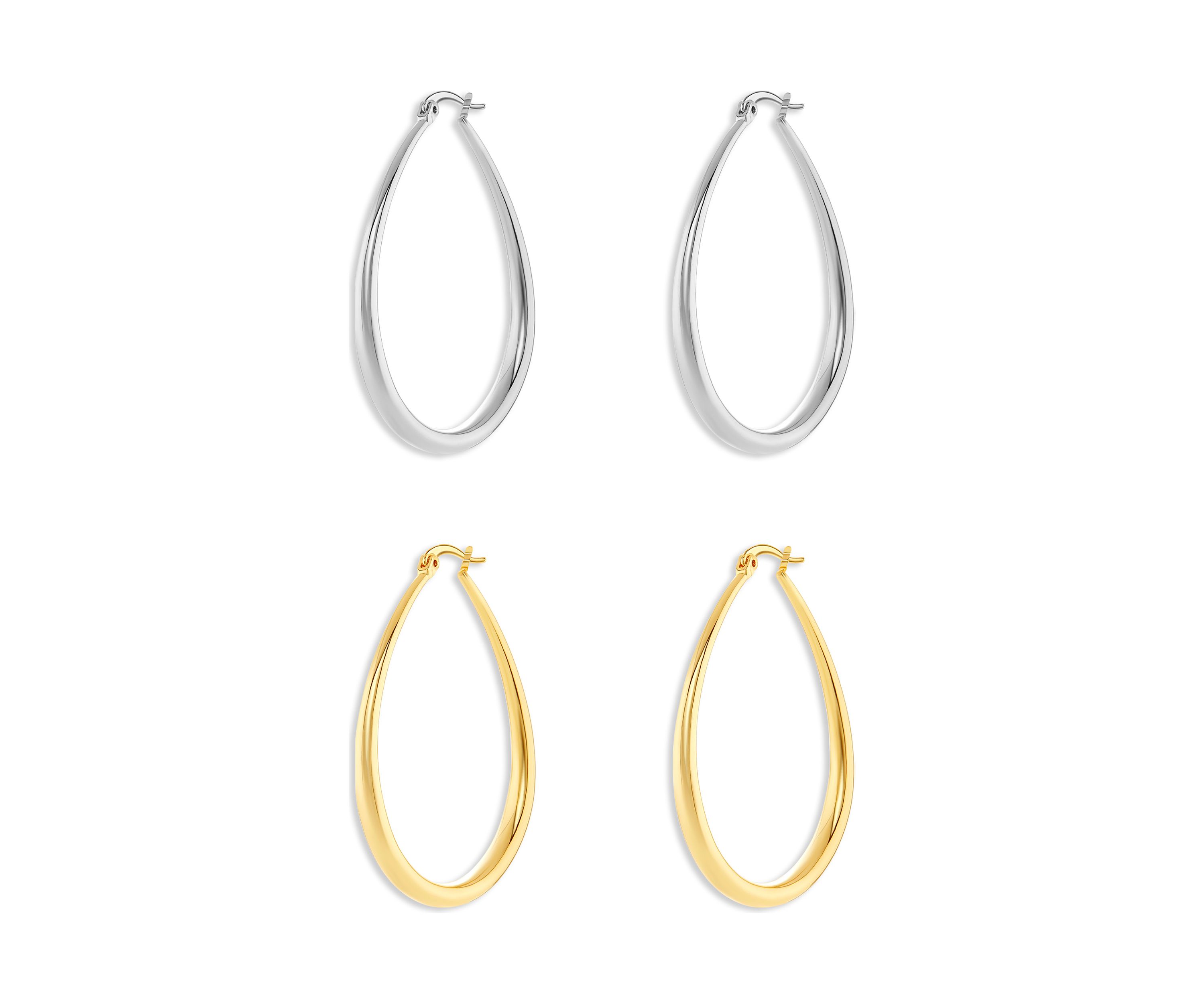 Silver Plated Two Tone 45 Millimeter Oval Hoop Earrings - Set of 2